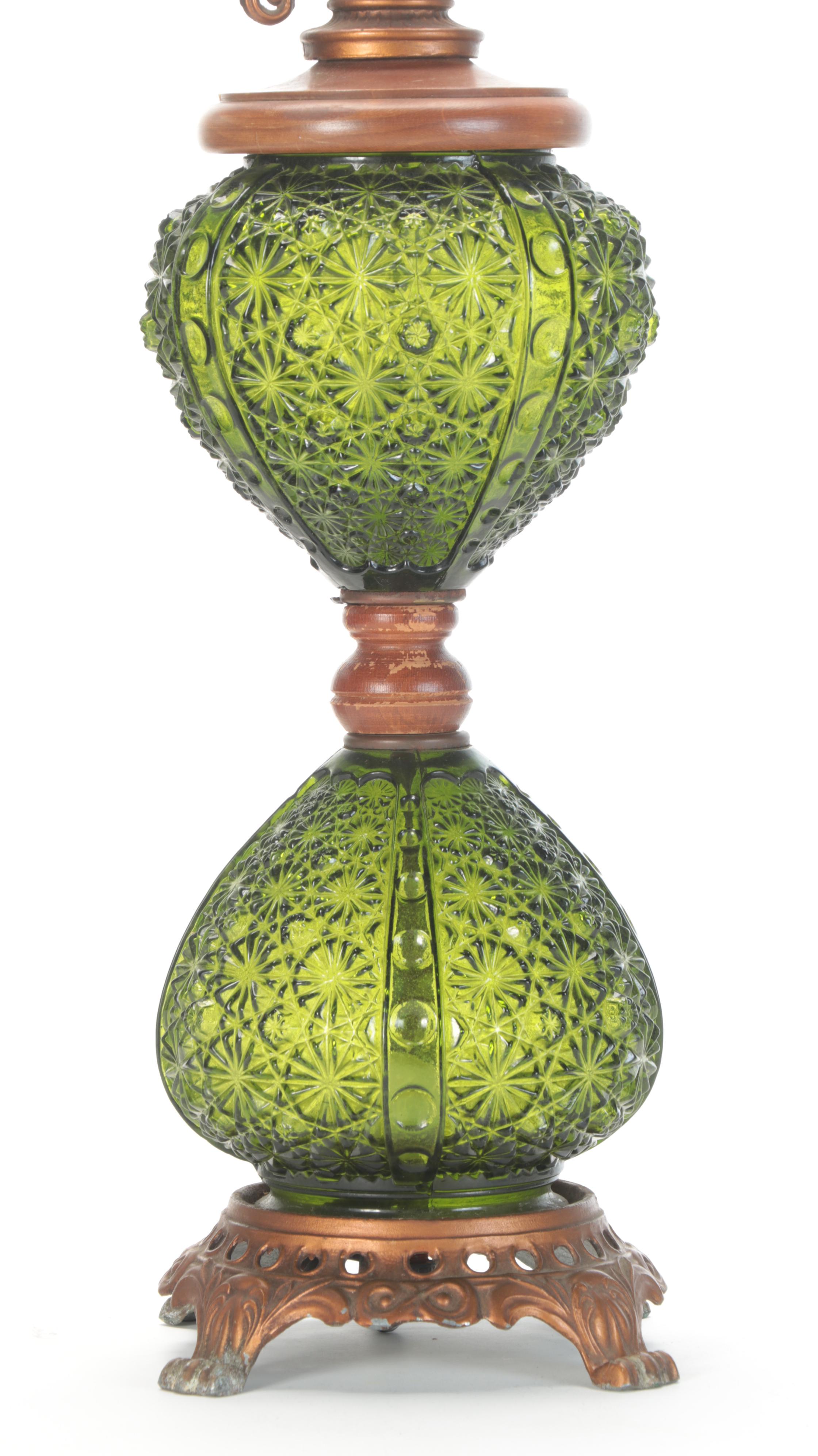 Green Pressed Glass Button and Daisy Spelter Table Lamps