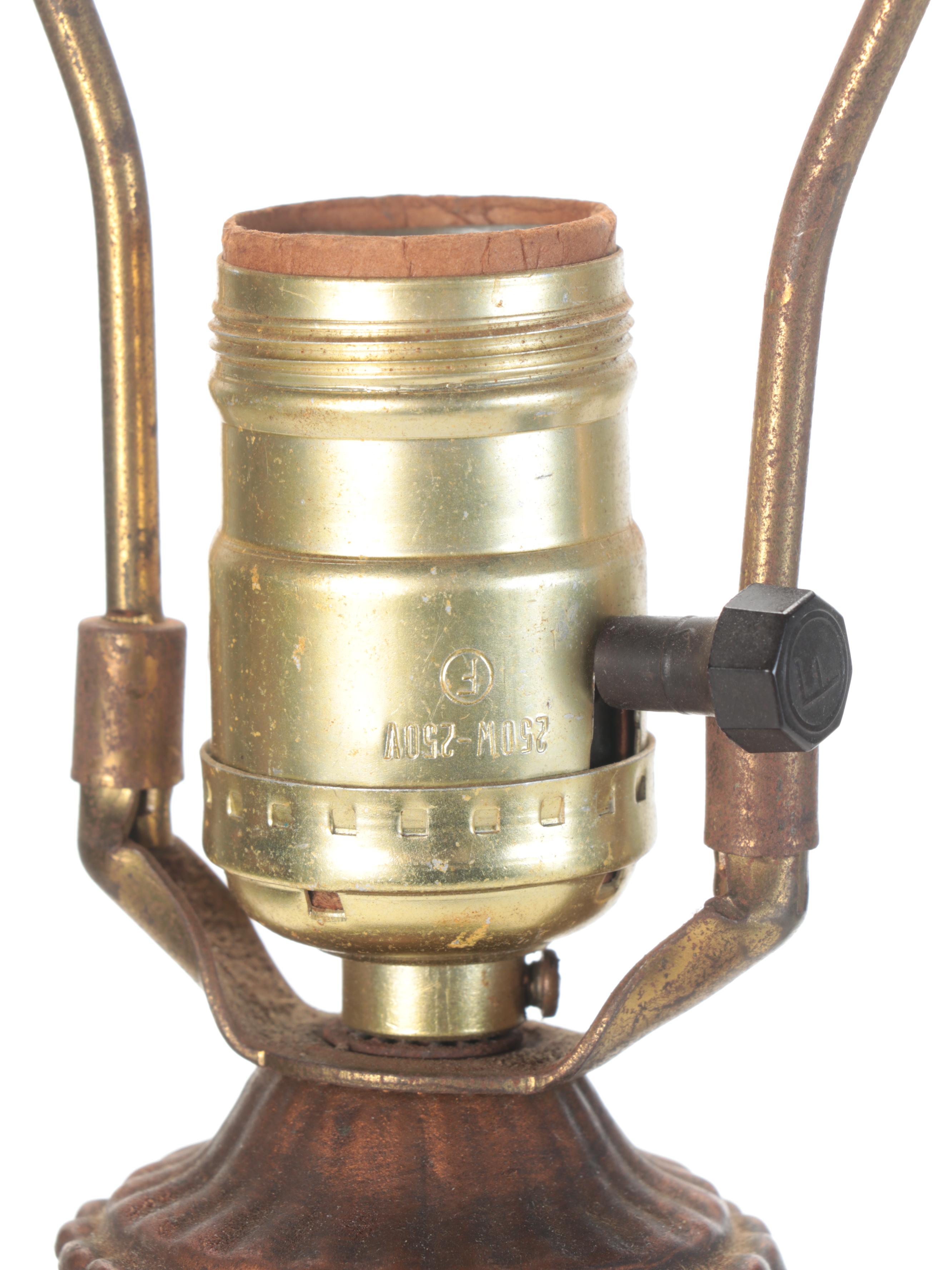 Green Pressed Glass Button and Daisy Spelter Table Lamps