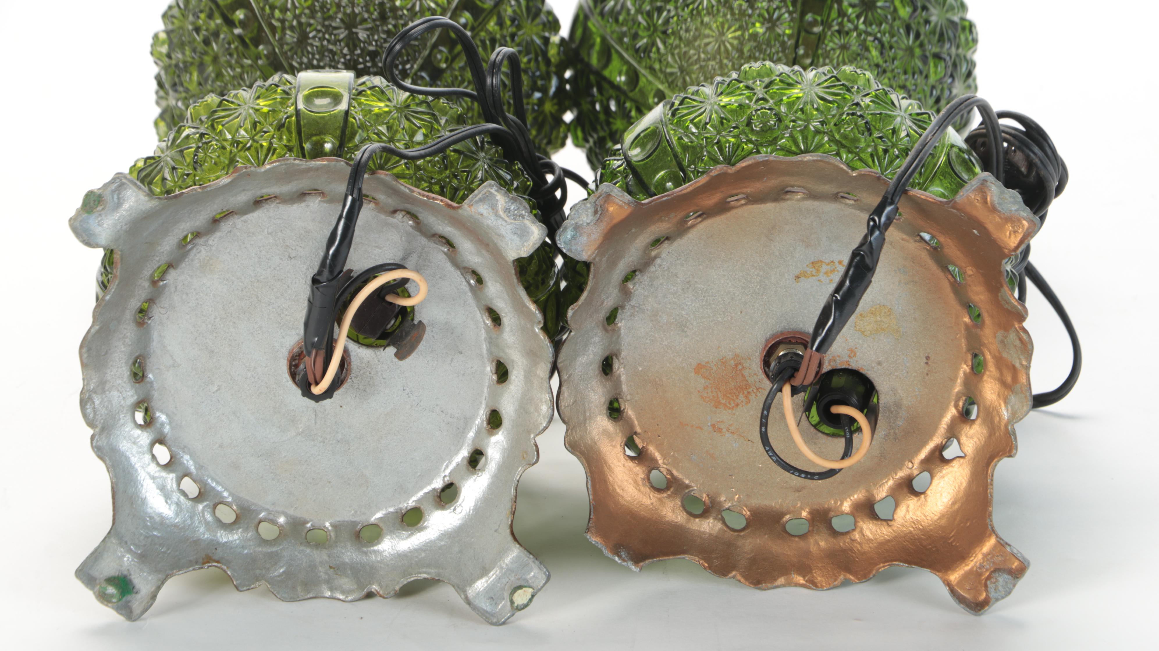 Green Pressed Glass Button and Daisy Spelter Table Lamps