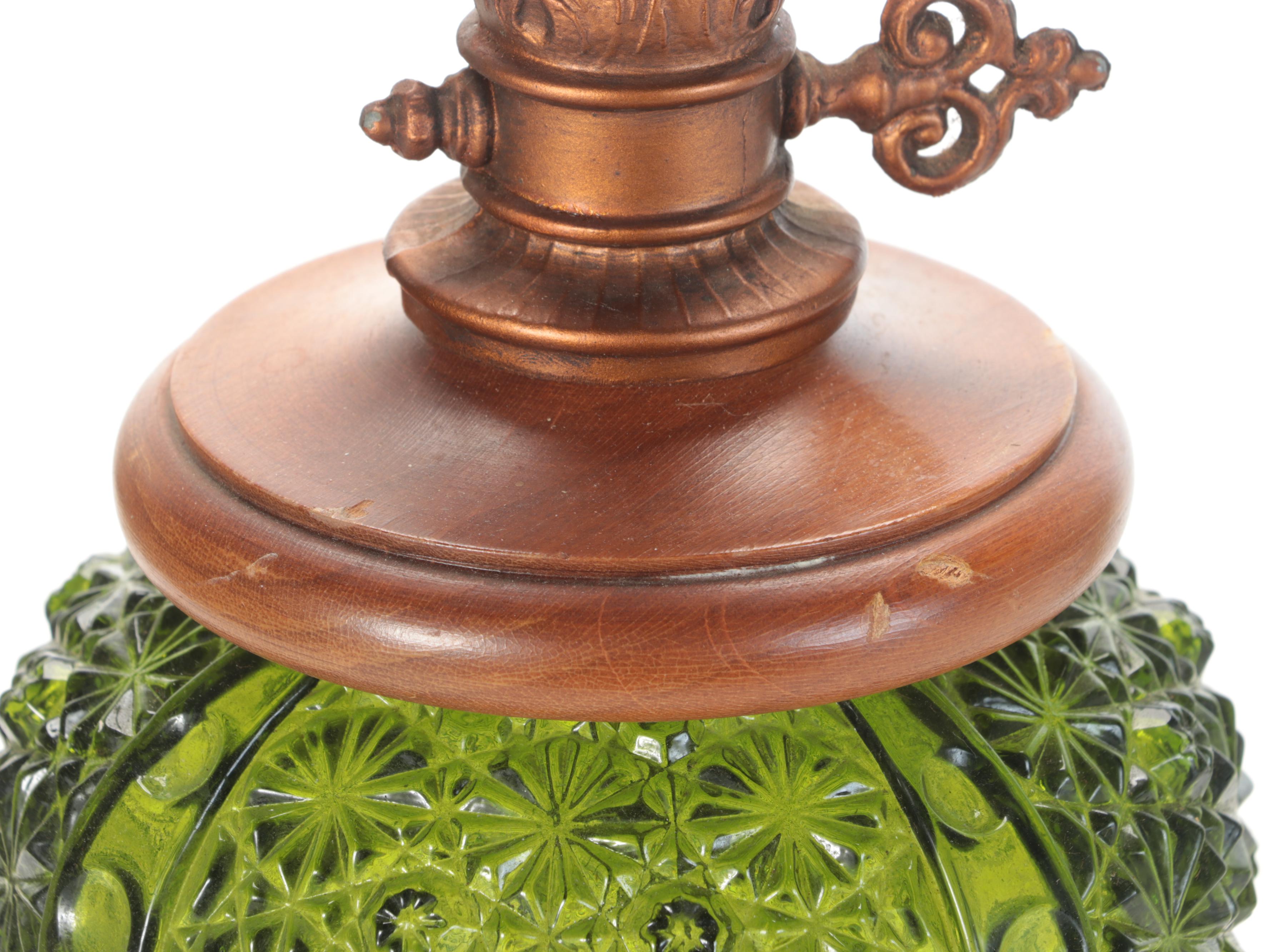 Green Pressed Glass Button and Daisy Spelter Table Lamps
