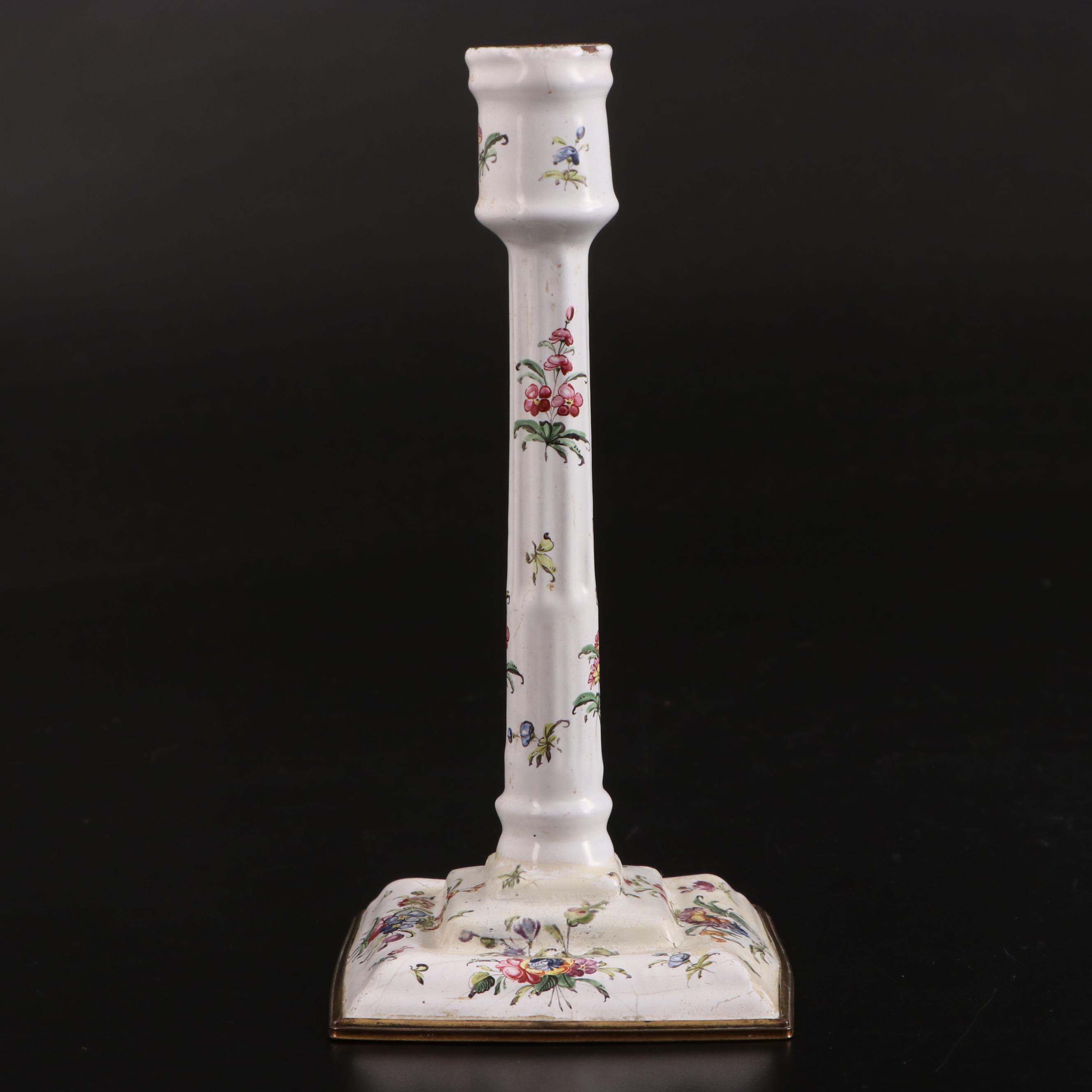 Pair of George III Staffordshire Enameled Metal Candlesticks, Circa 1775