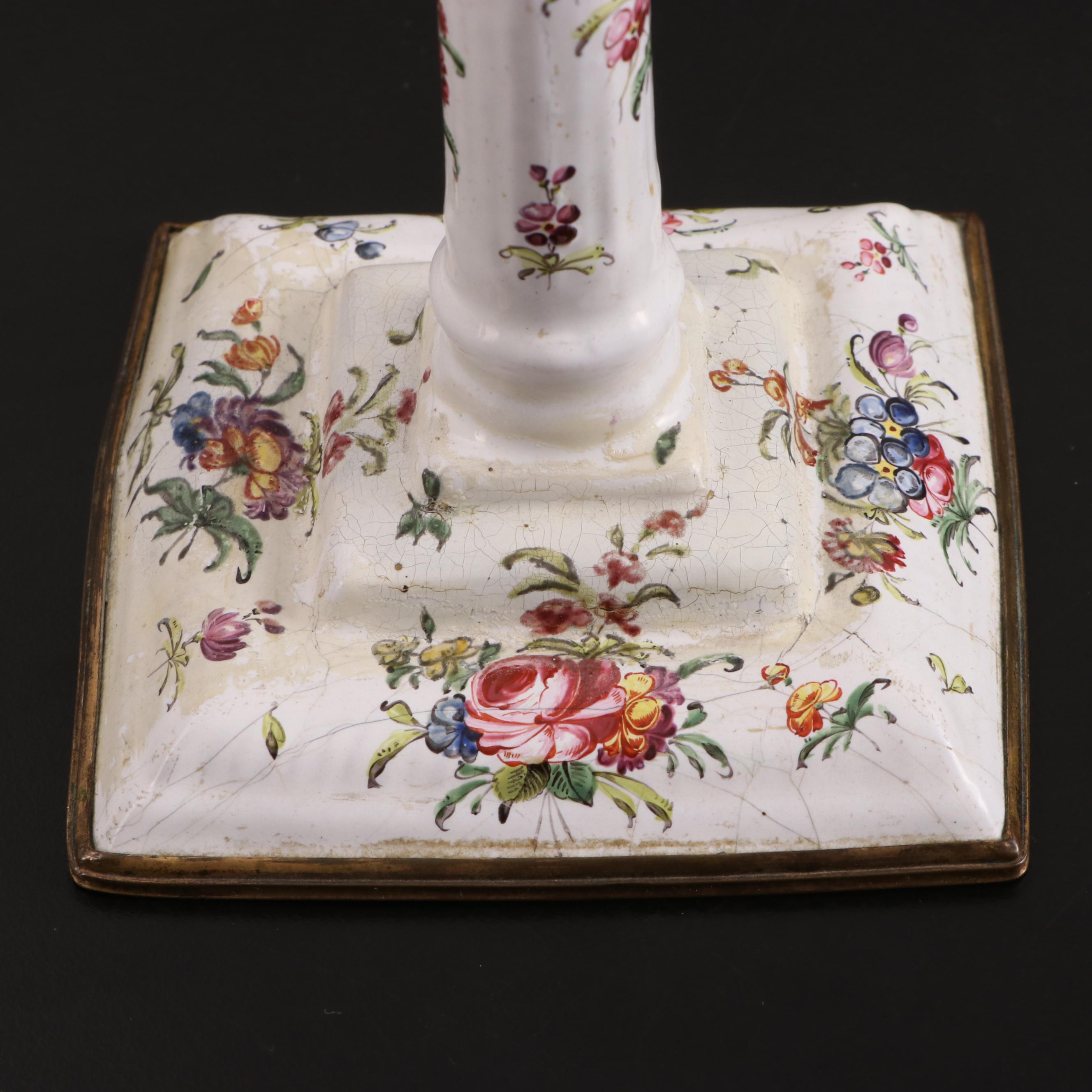 Pair of George III Staffordshire Enameled Metal Candlesticks, Circa 1775
