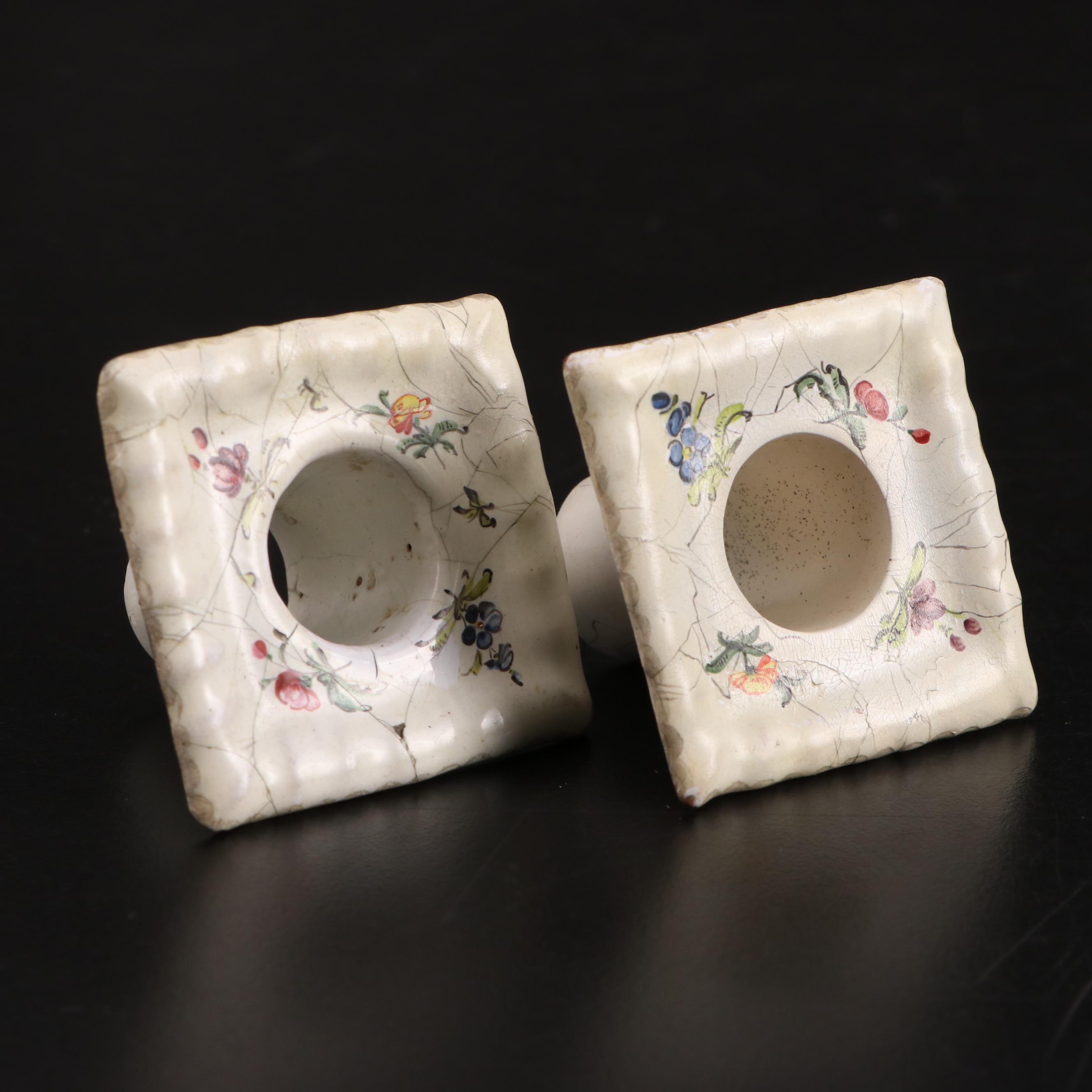 Pair of George III Staffordshire Enameled Metal Candlesticks, Circa 1775