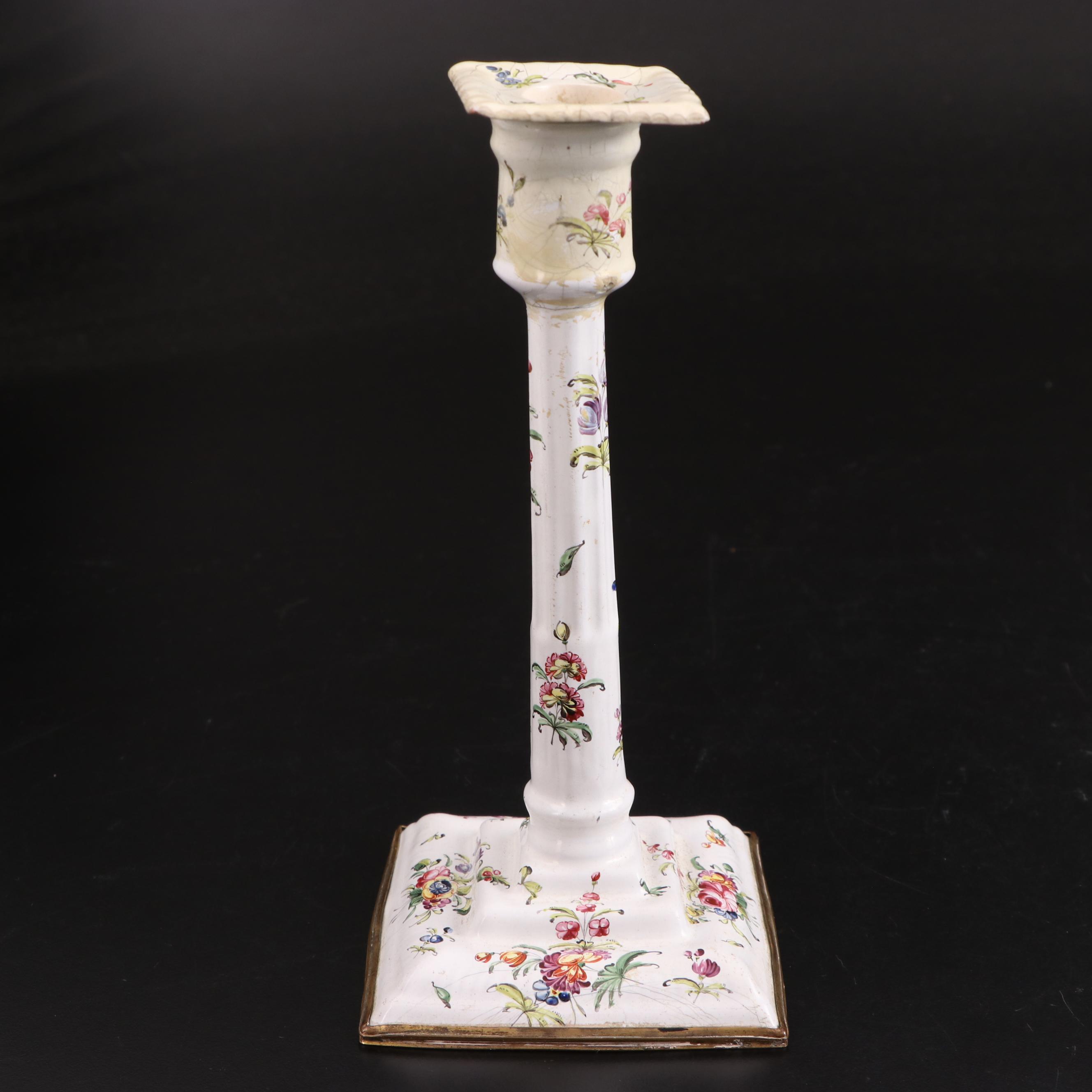 Pair of George III Staffordshire Enameled Metal Candlesticks, Circa 1775