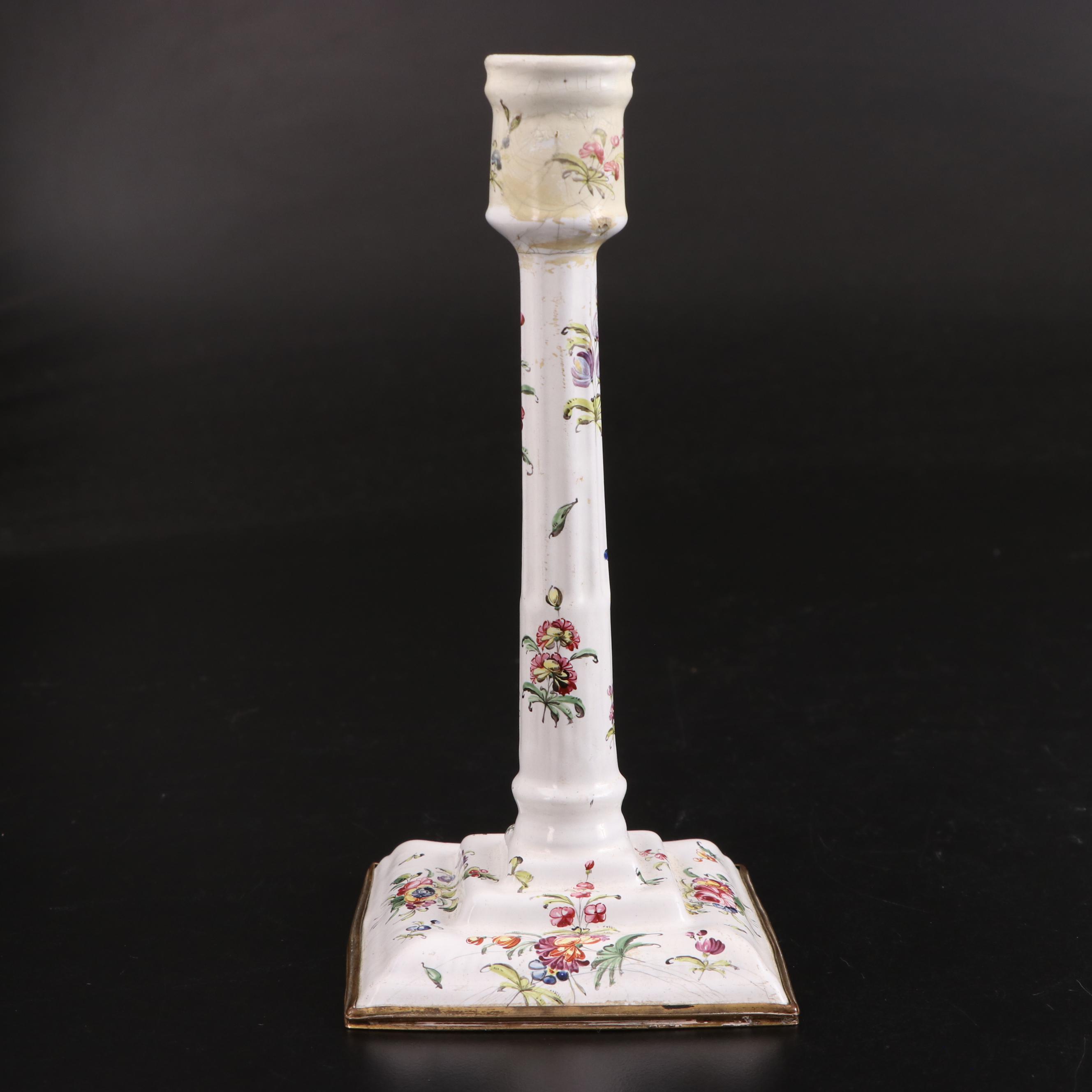Pair of George III Staffordshire Enameled Metal Candlesticks, Circa 1775