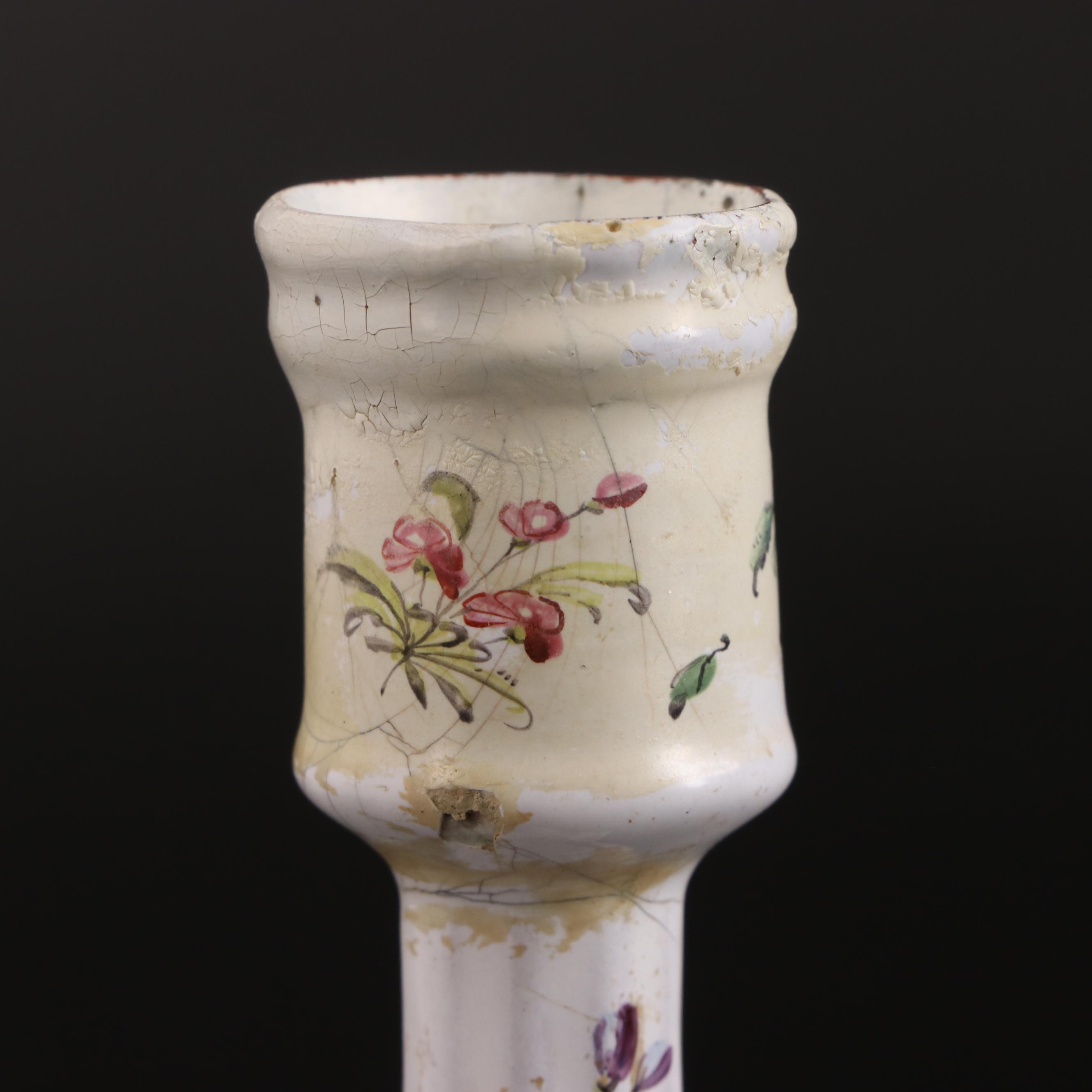 Pair of George III Staffordshire Enameled Metal Candlesticks, Circa 1775