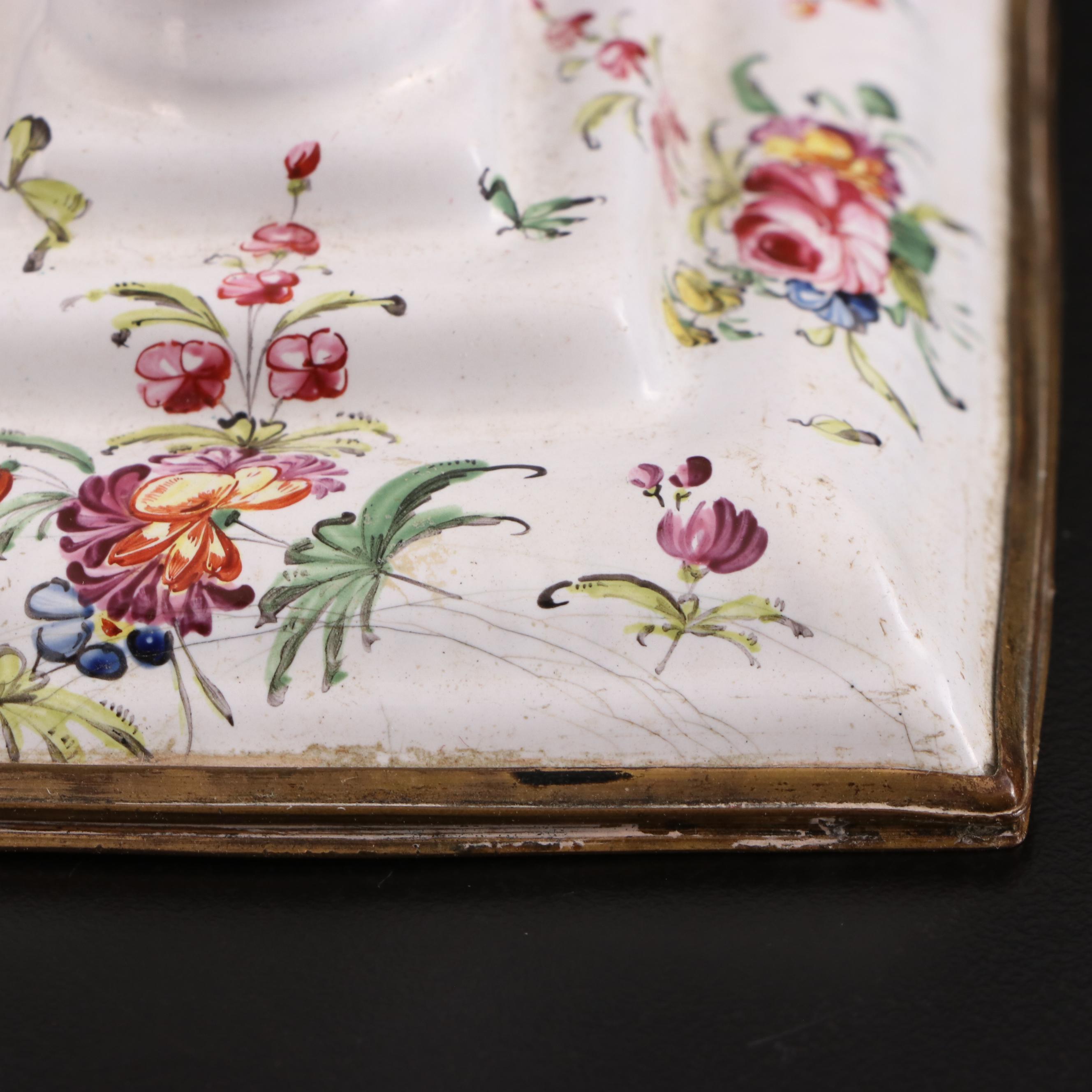 Pair of George III Staffordshire Enameled Metal Candlesticks, Circa 1775