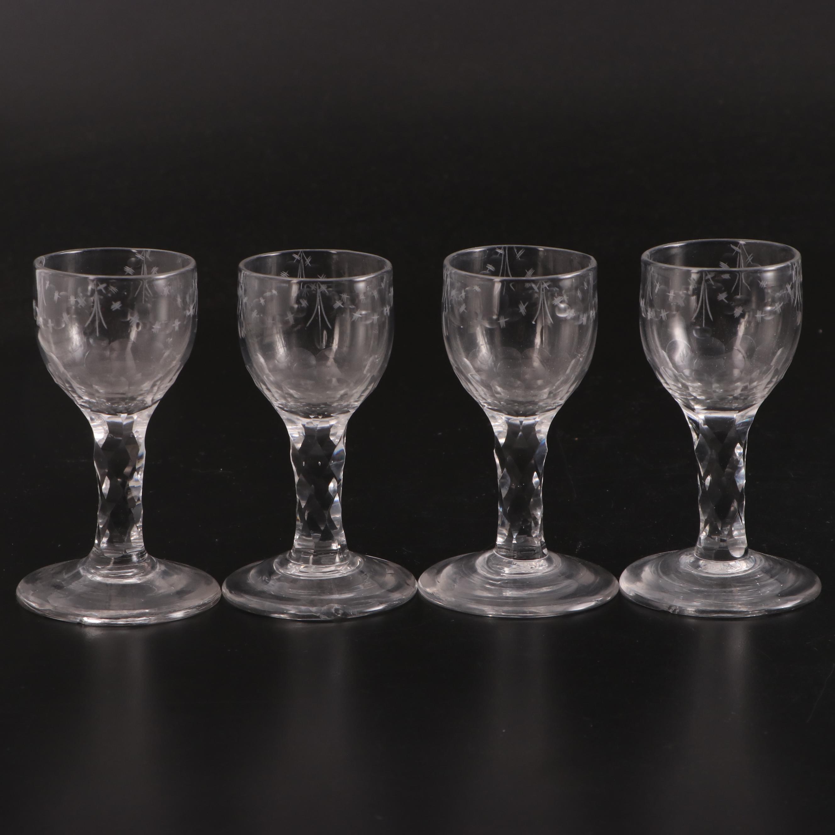 George III Diamond Faceted Stem Wine Glasses, 18th Century