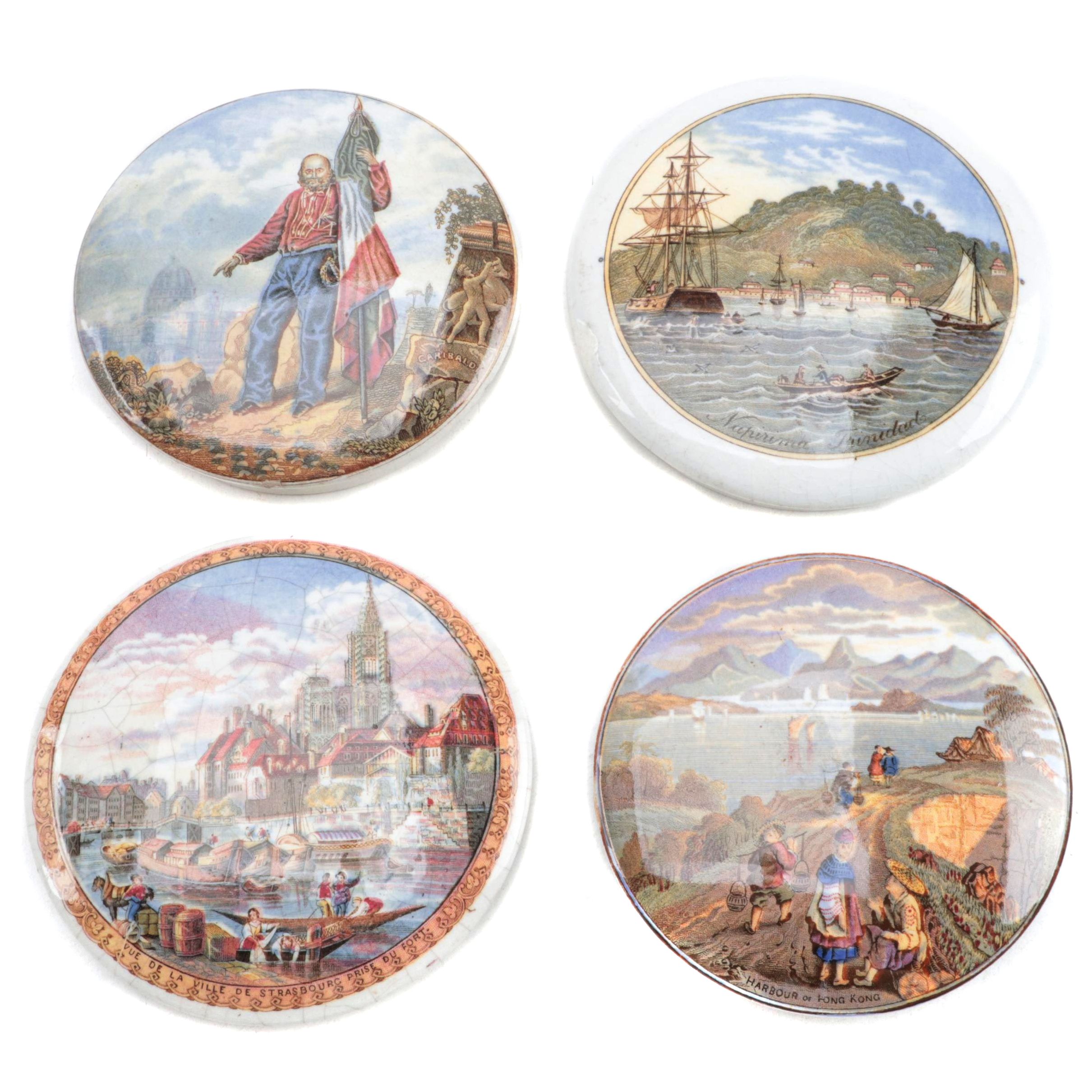 Three Prattware Pot Lids of Port Scenes and One with a Portrait of Garibaldi