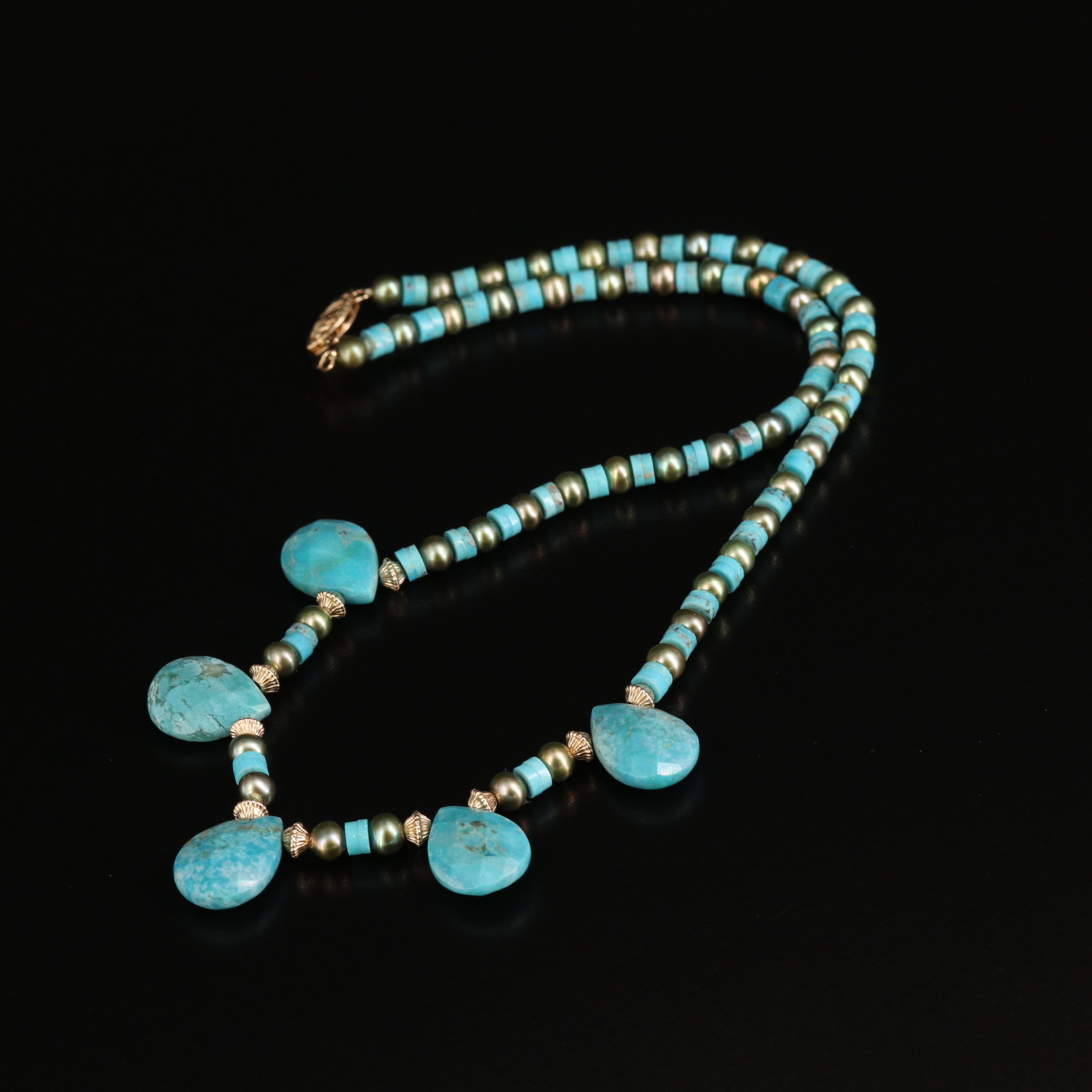 14K Turquoise and Pearl Fringe Necklace