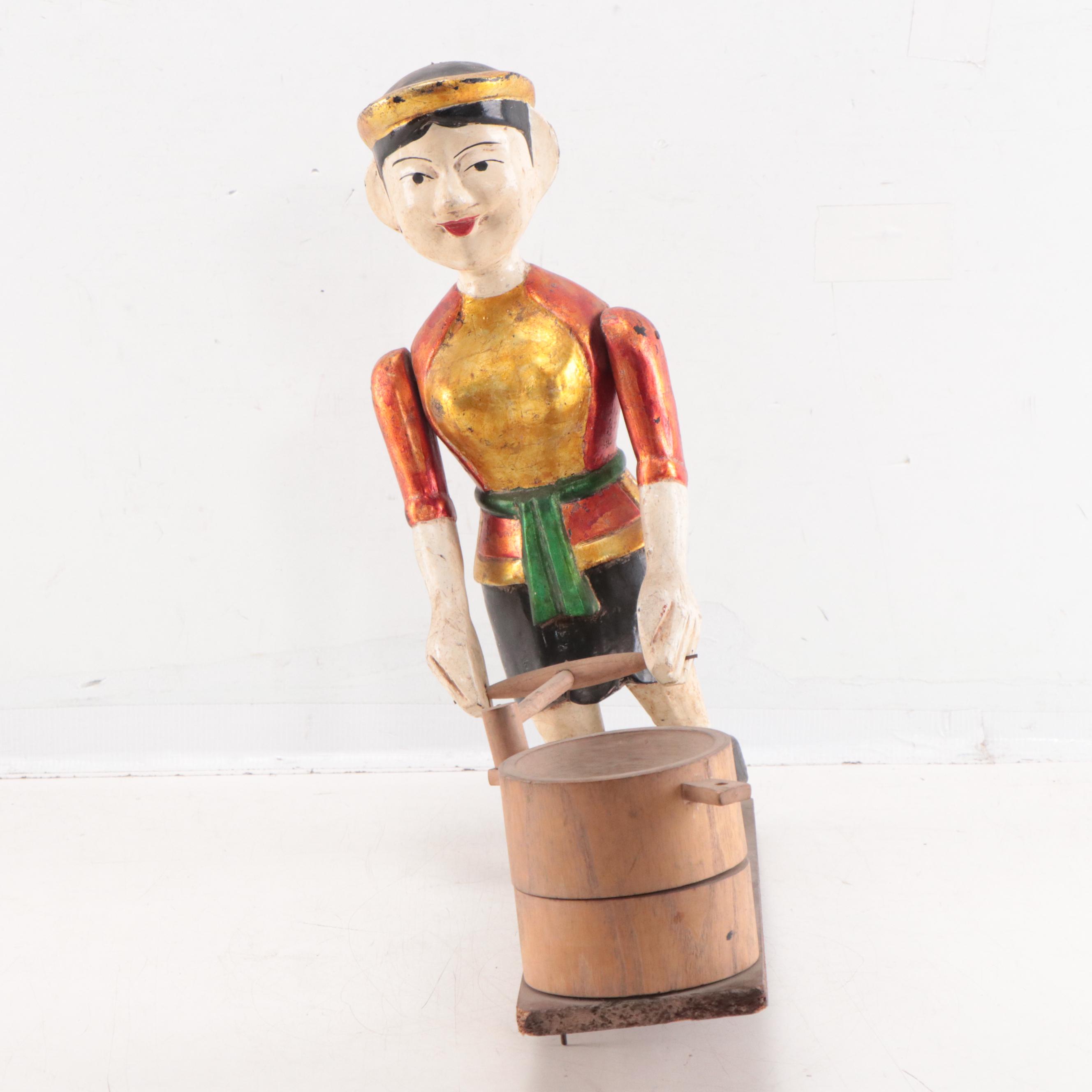 Vietnamese Hand-Painted Carved Wood Water Puppet, Late 20th Century