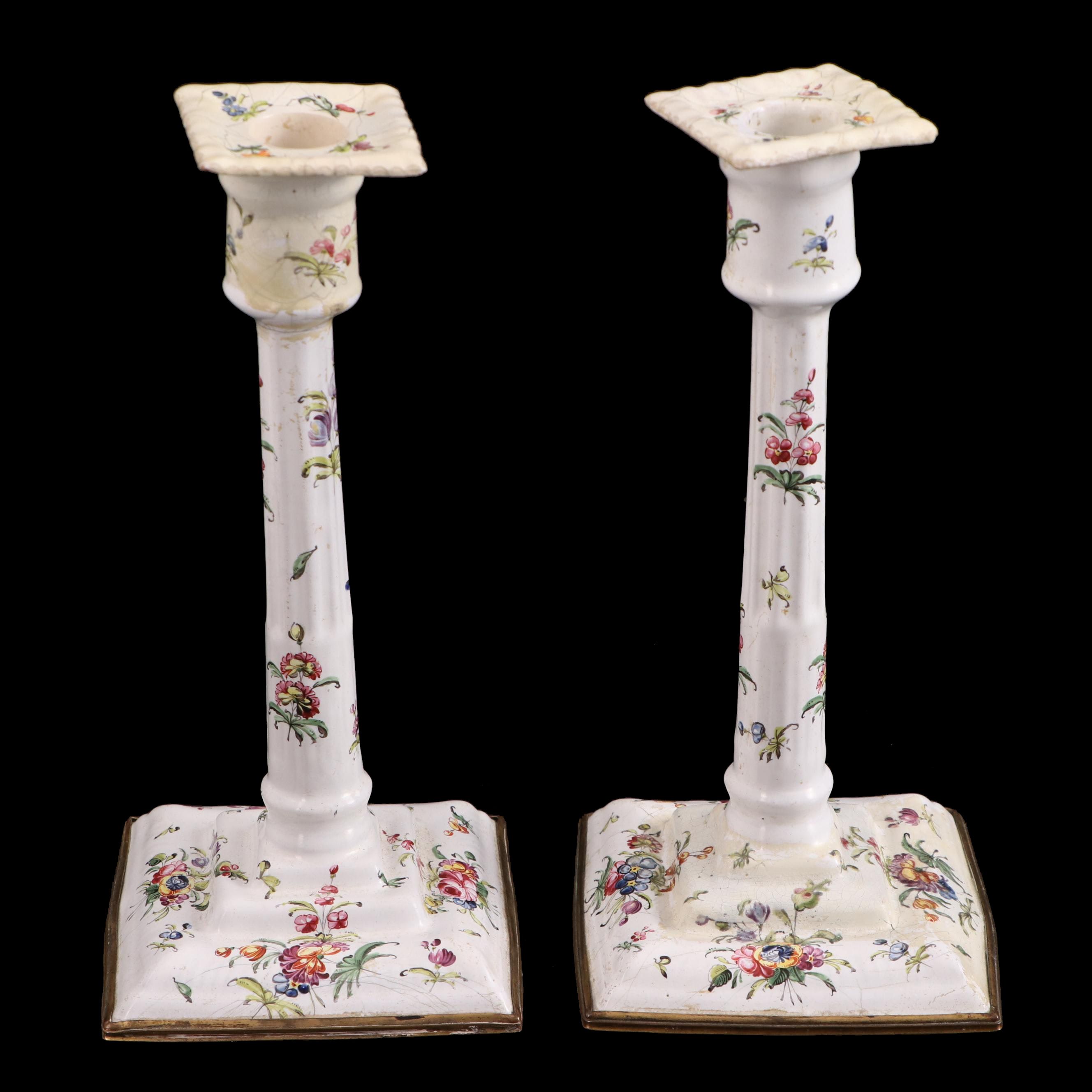 Pair of George III Staffordshire Enameled Metal Candlesticks, Circa 1775