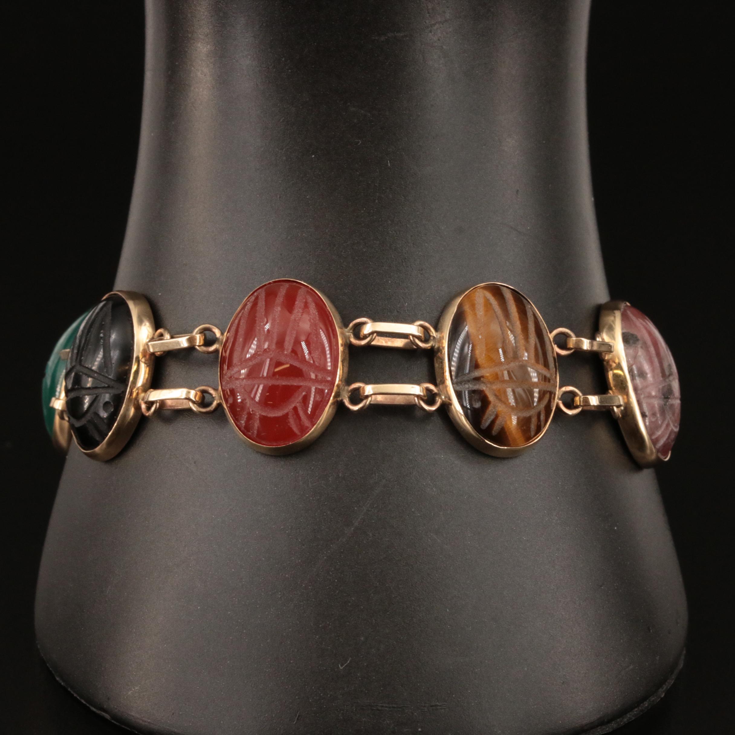 14K Scarab Bracelet Including Rhodonite, Lapis Lazuli and Blood Stone