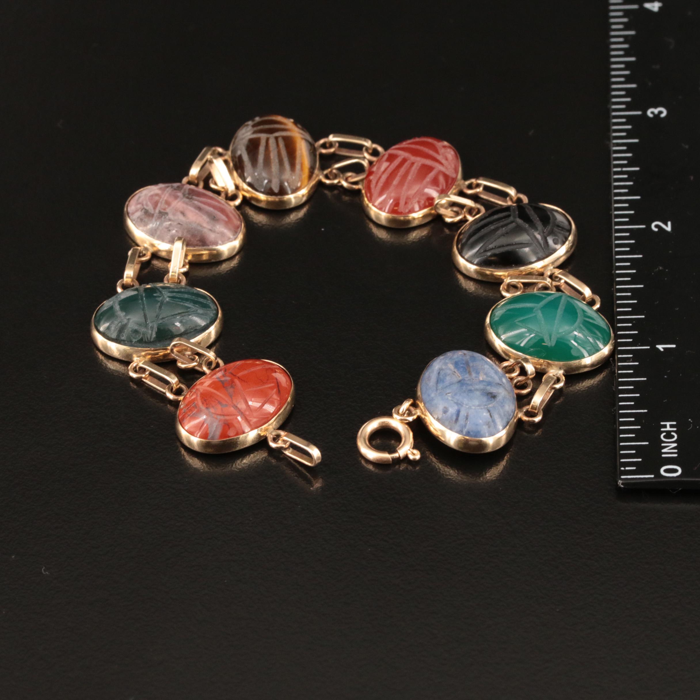 14K Scarab Bracelet Including Rhodonite, Lapis Lazuli and Blood Stone