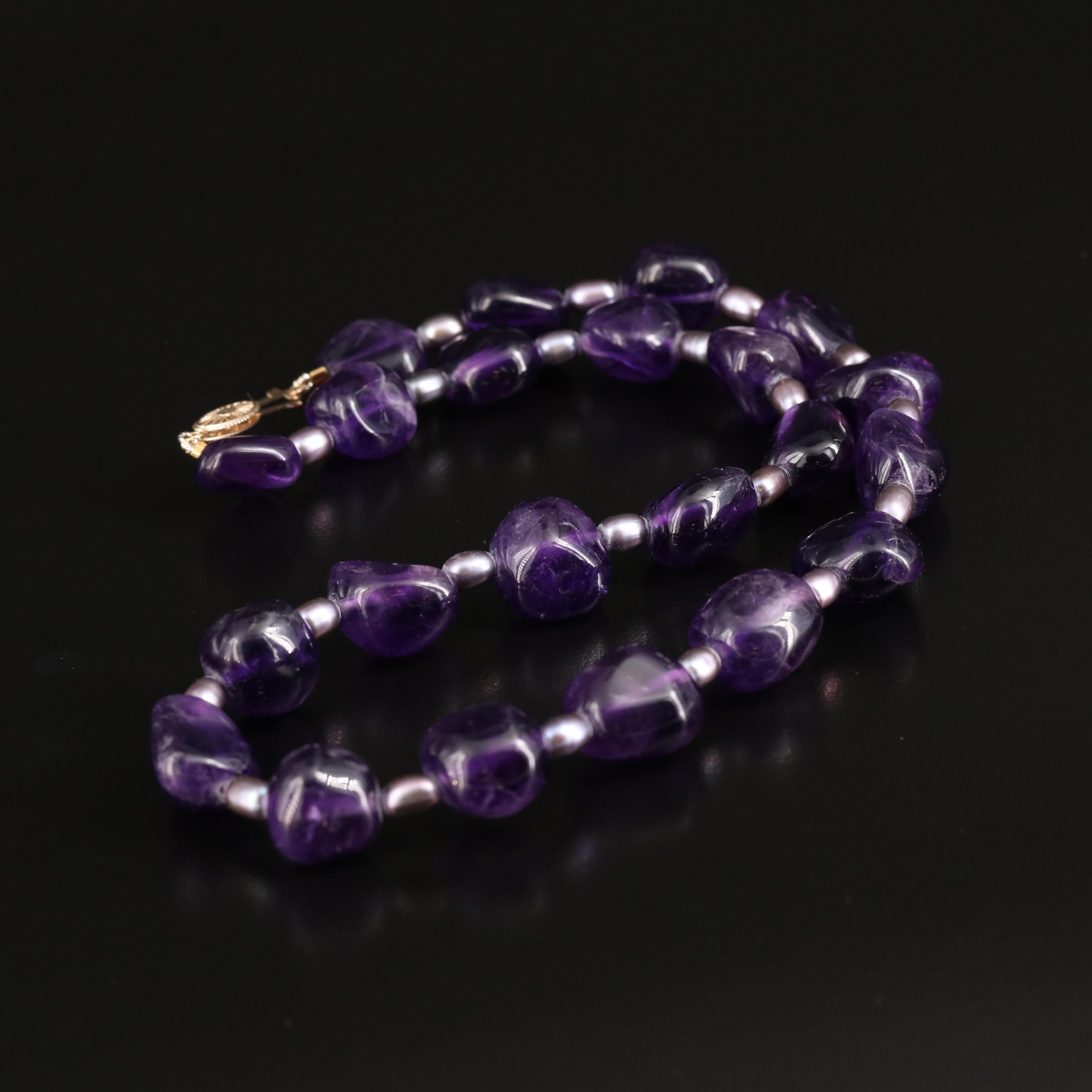 Amethyst and Pearl Necklace with 14K Clasp