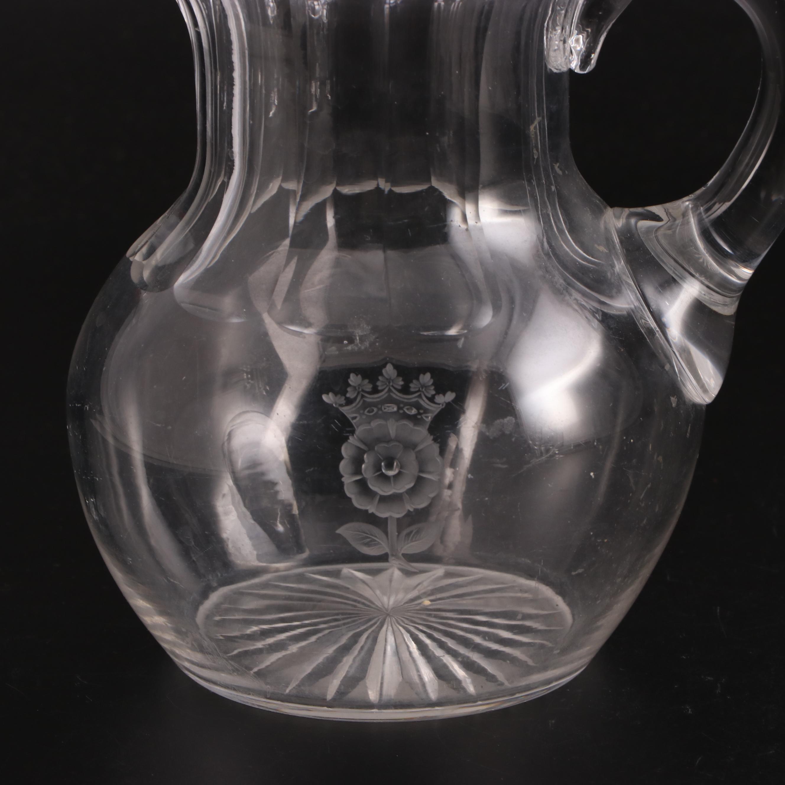 Royal Doulton and Other Etched and Engraved Stemware Glasses with Pitcher