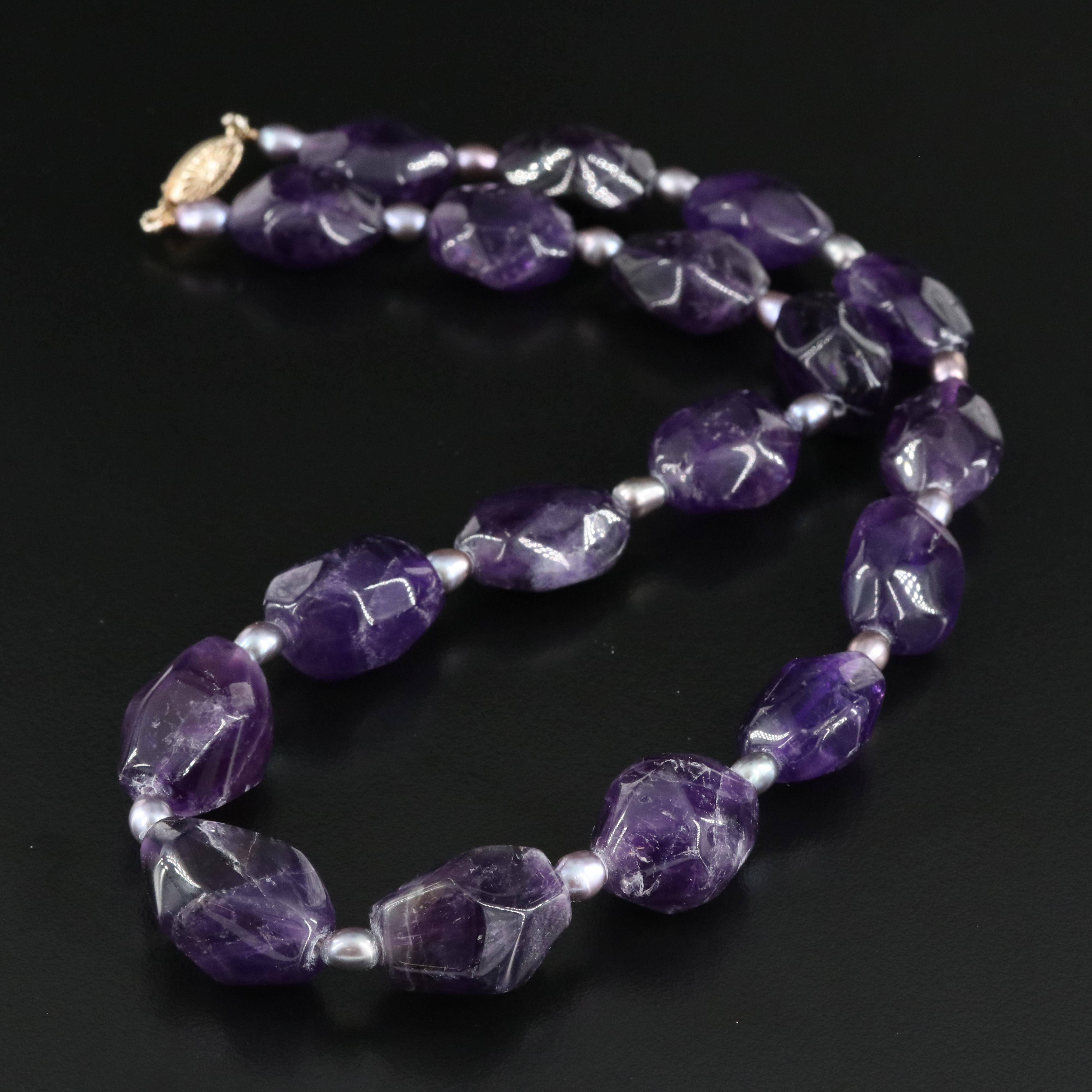 Graduating Amethyst and Pearl Necklace with 10K Clasp