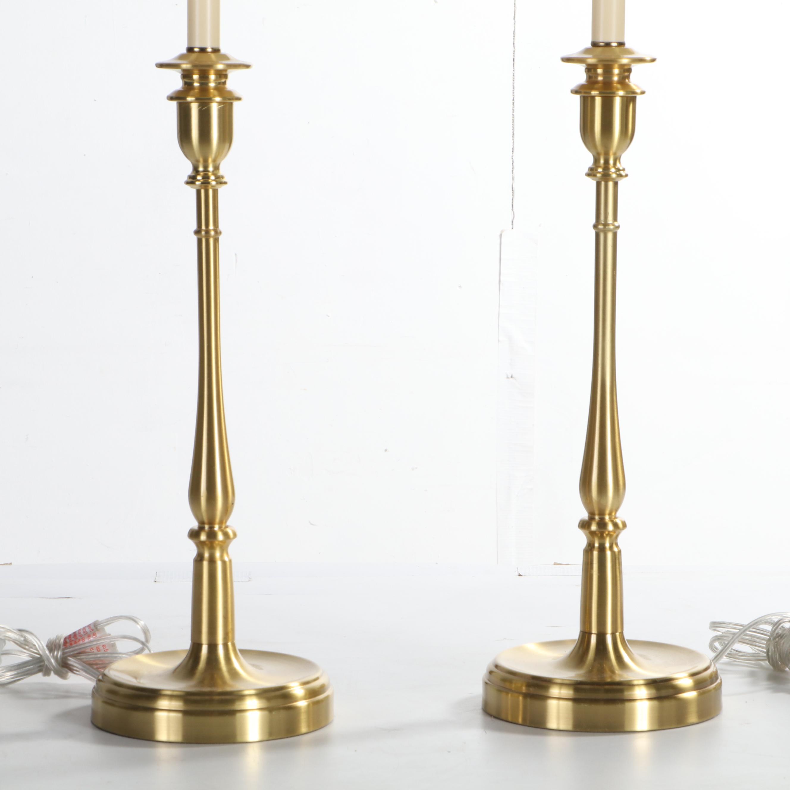 Pair of Ralph Lauren Home Brushed Brass Candlestick Lamps, Contemporary