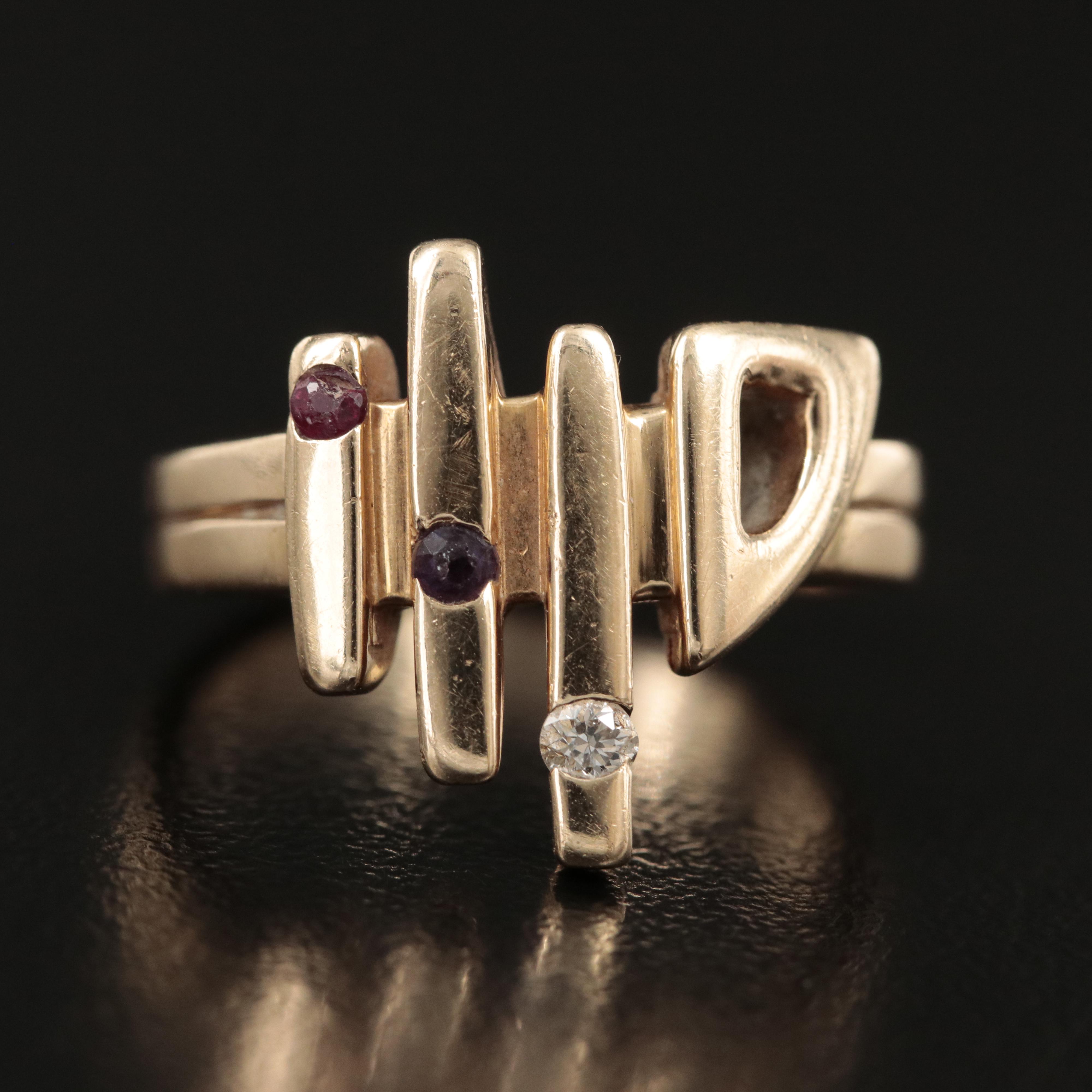 14K Diamond, Amethyst and Ruby Ring