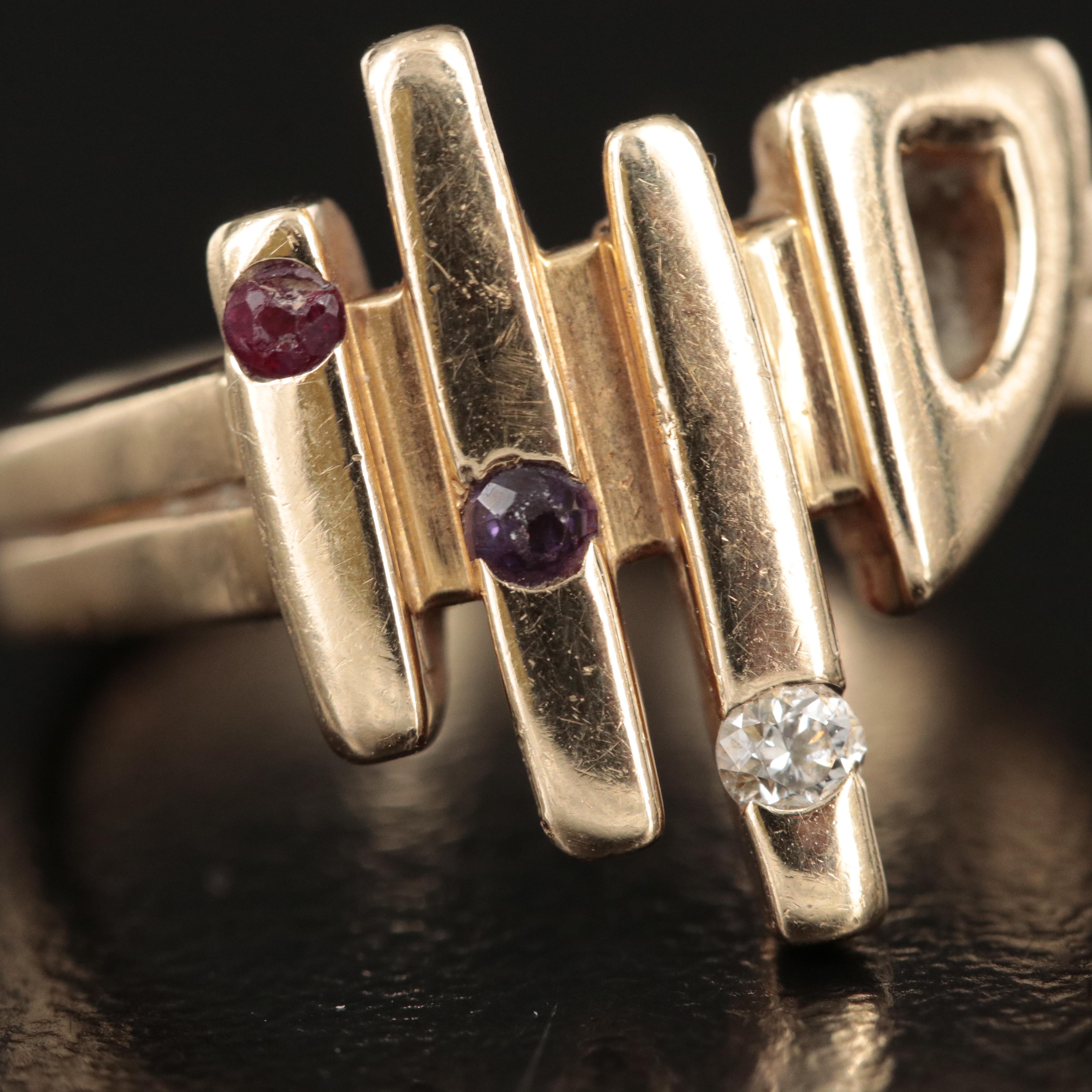 14K Diamond, Amethyst and Ruby Ring