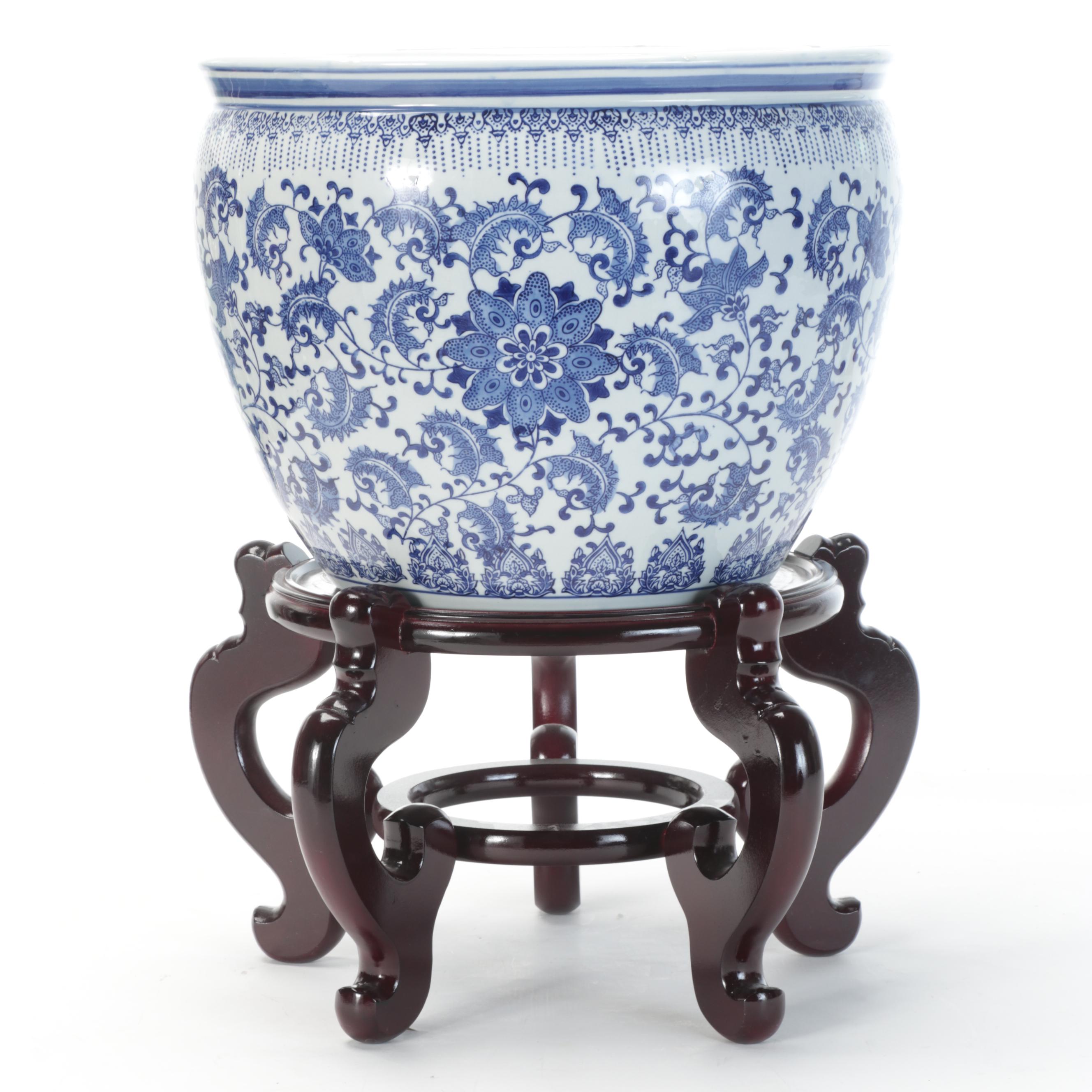 Blue and White Porcelain Fish Bowl Planter With Wooden Stand