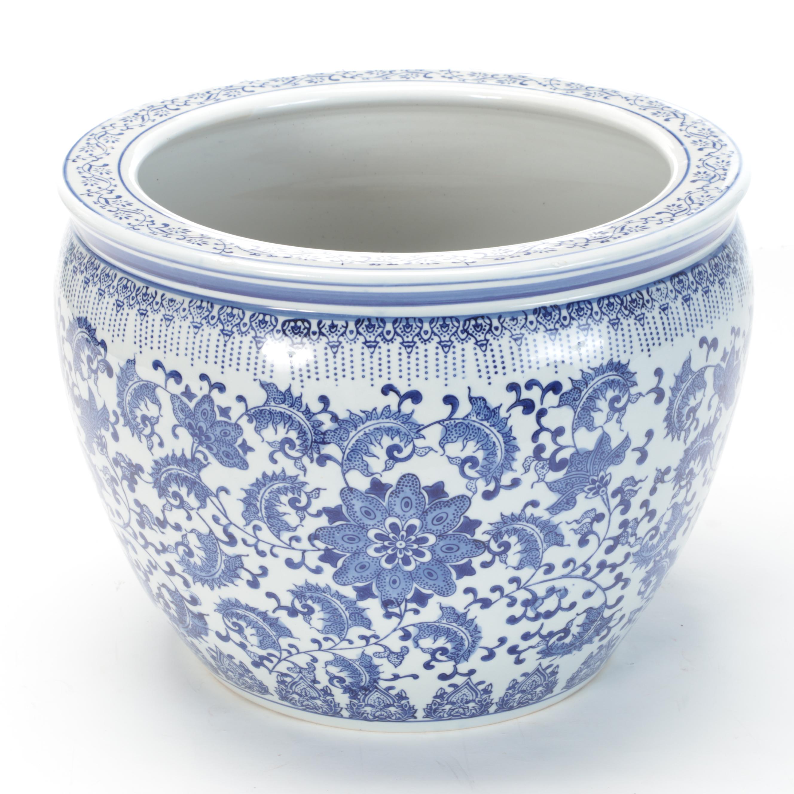 Blue and White Porcelain Fish Bowl Planter With Wooden Stand