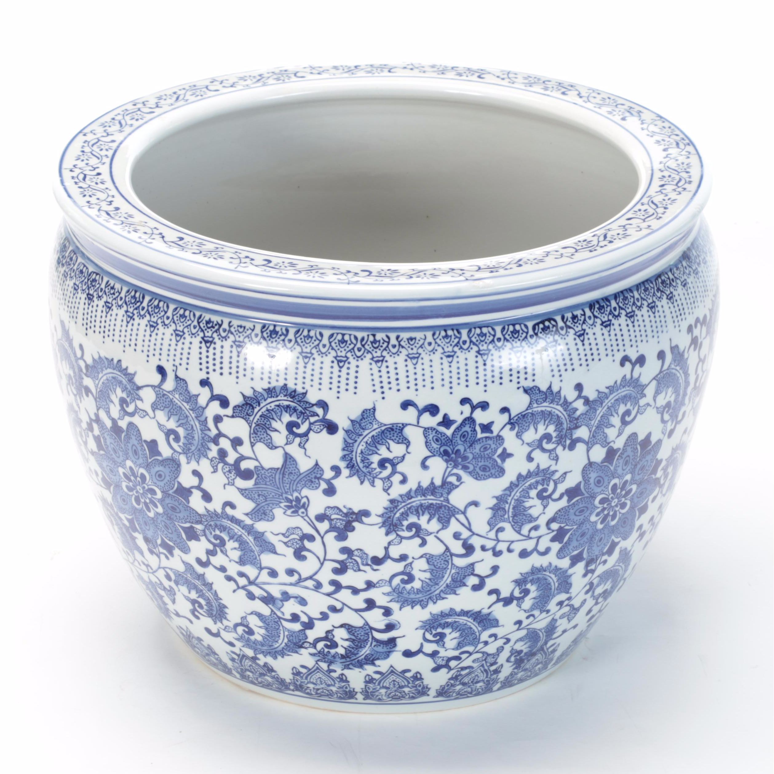 Blue and White Porcelain Fish Bowl Planter With Wooden Stand