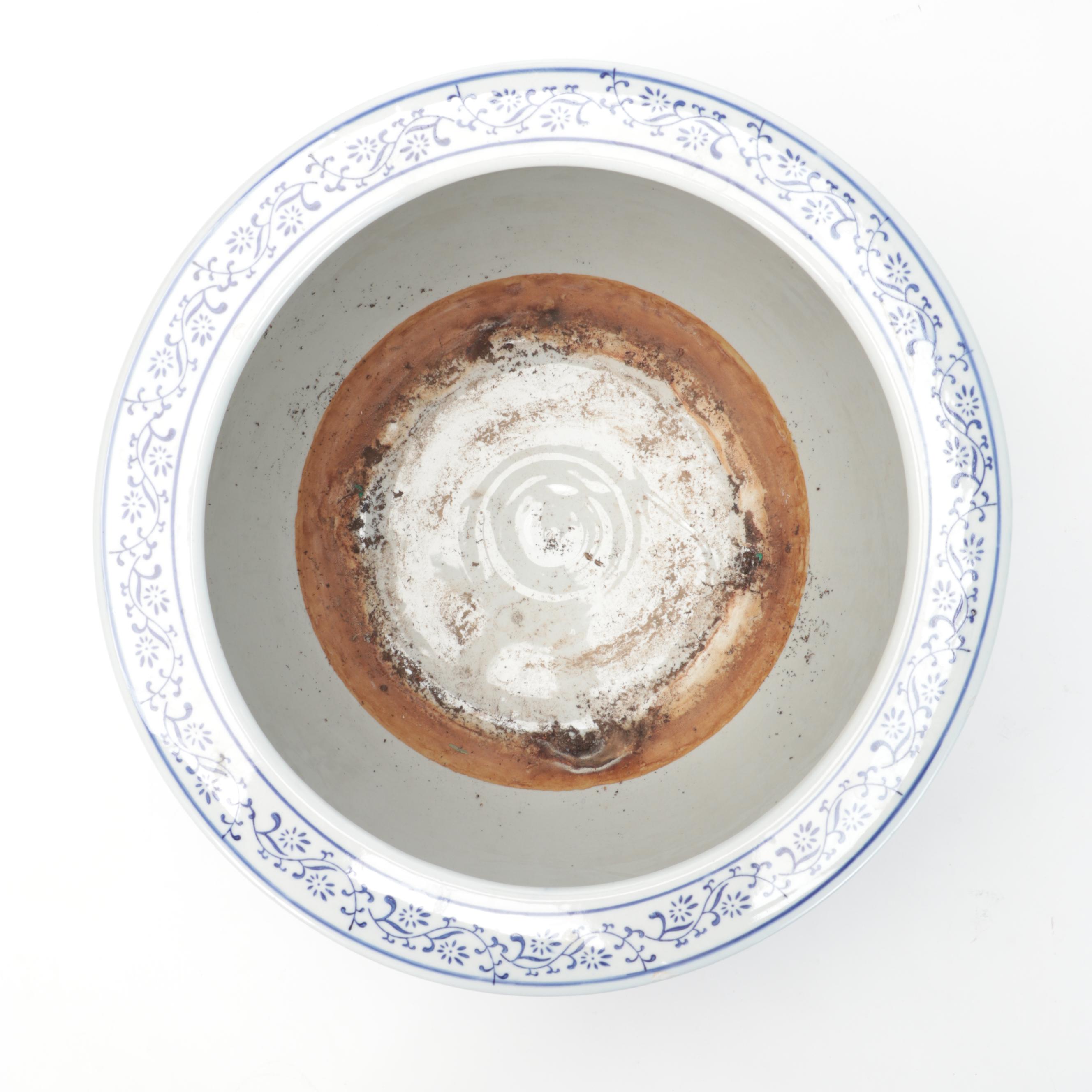 Blue and White Porcelain Fish Bowl Planter With Wooden Stand