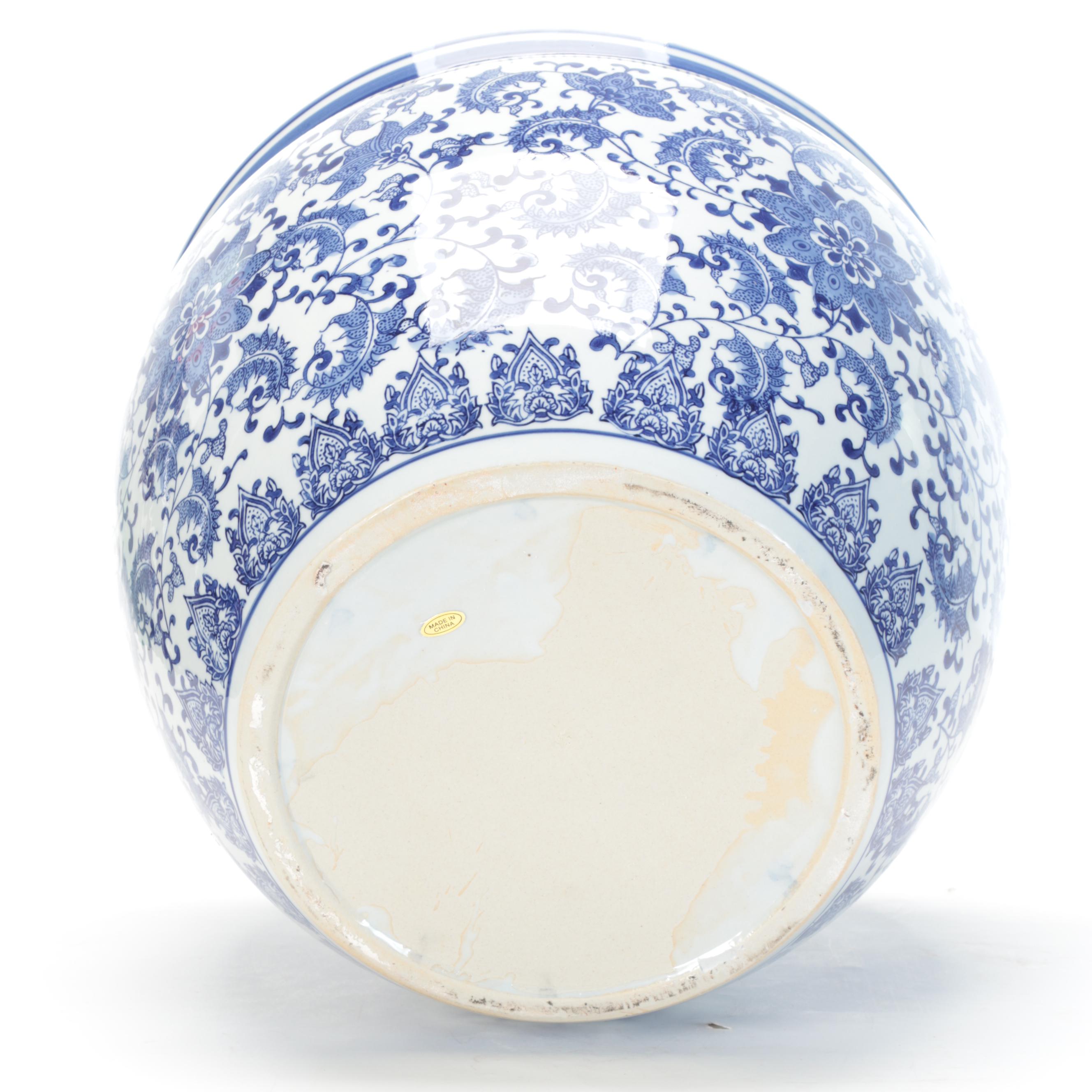 Blue and White Porcelain Fish Bowl Planter With Wooden Stand