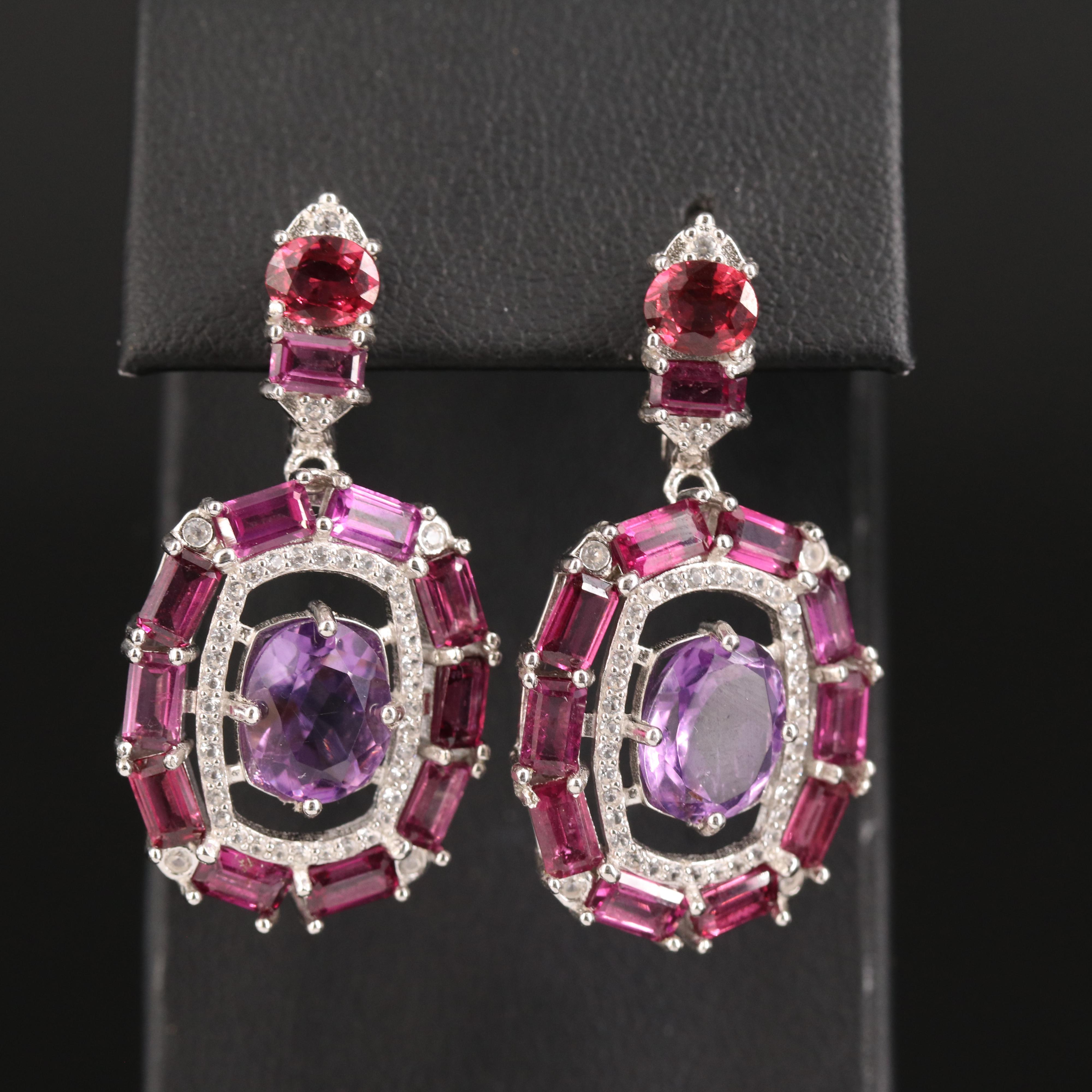 Sterling Amethyst, Garnet and White Sapphire Earrings