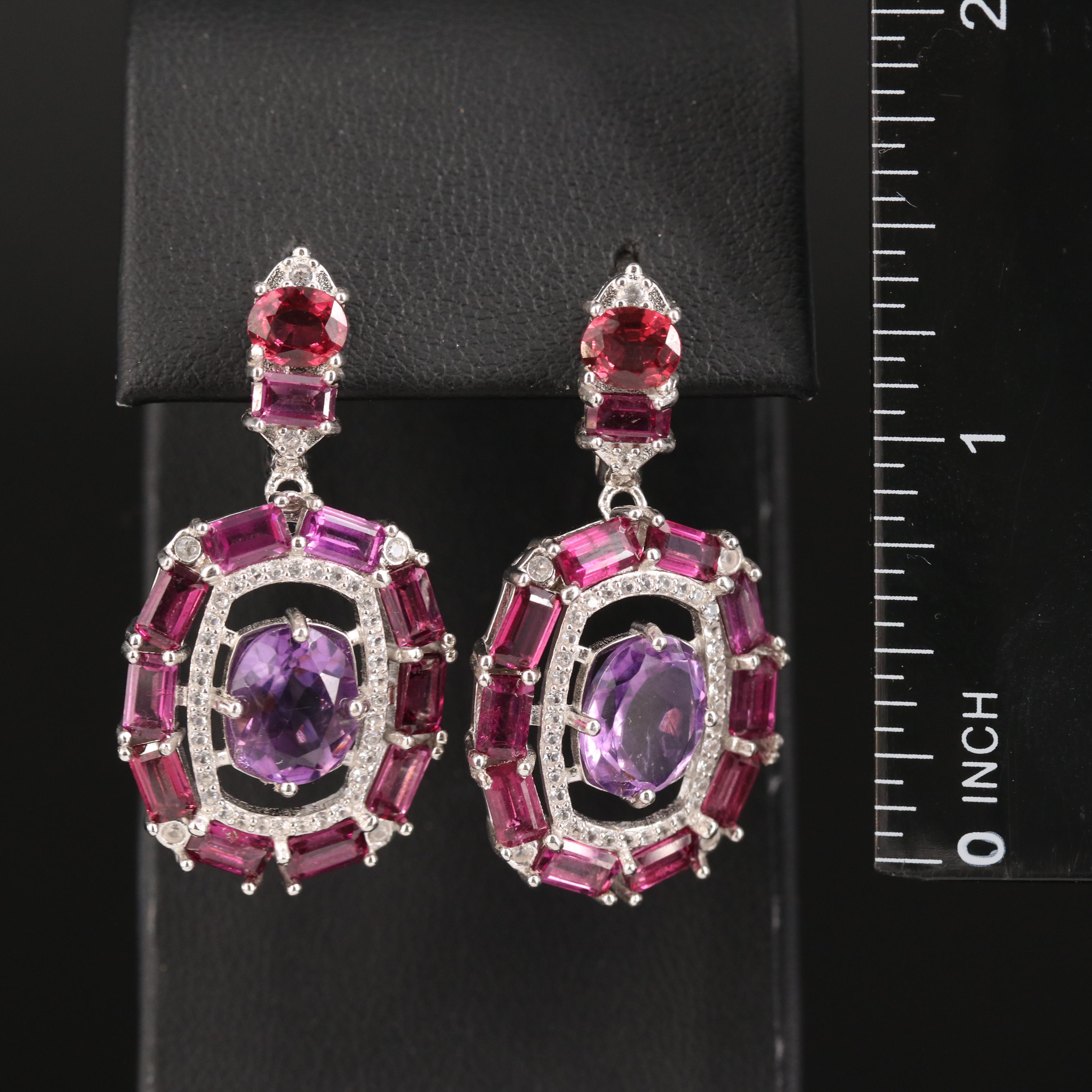 Sterling Amethyst, Garnet and White Sapphire Earrings