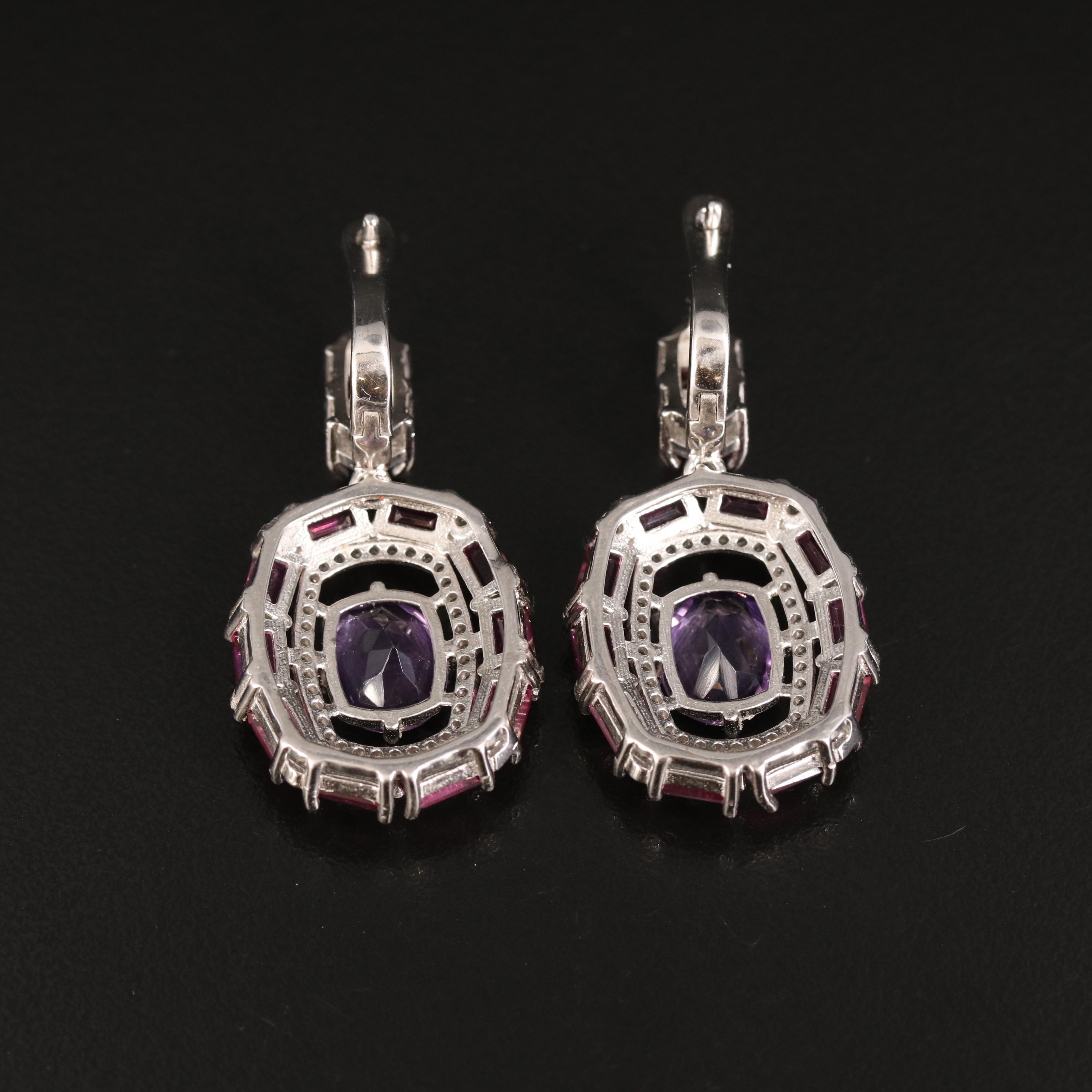 Sterling Amethyst, Garnet and White Sapphire Earrings
