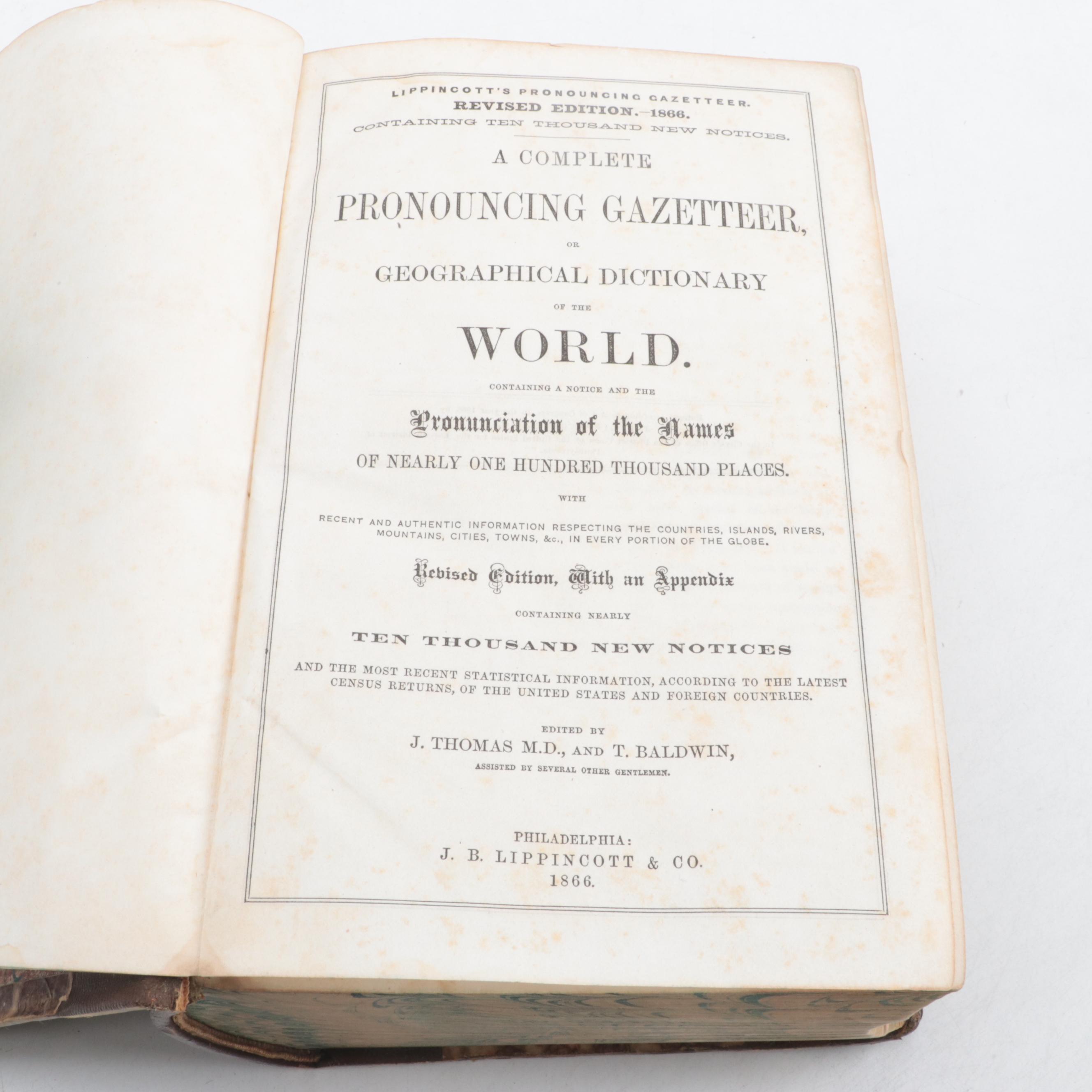 Revised Edition "Lippincott's Pronouncing Gazetteer of the World," 1866