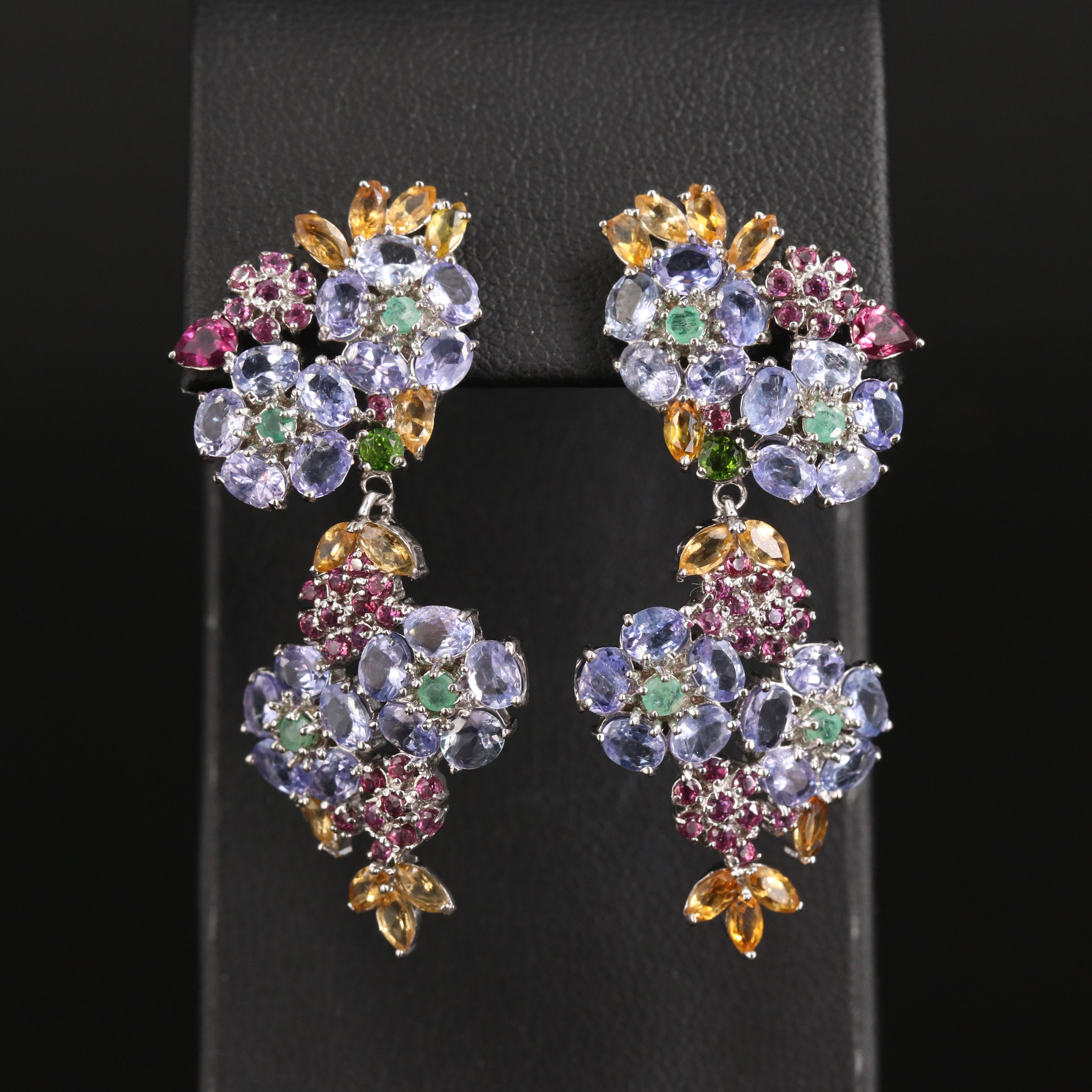 Sterling Tanzanite, Citrine and Gemstone Floral Earrings