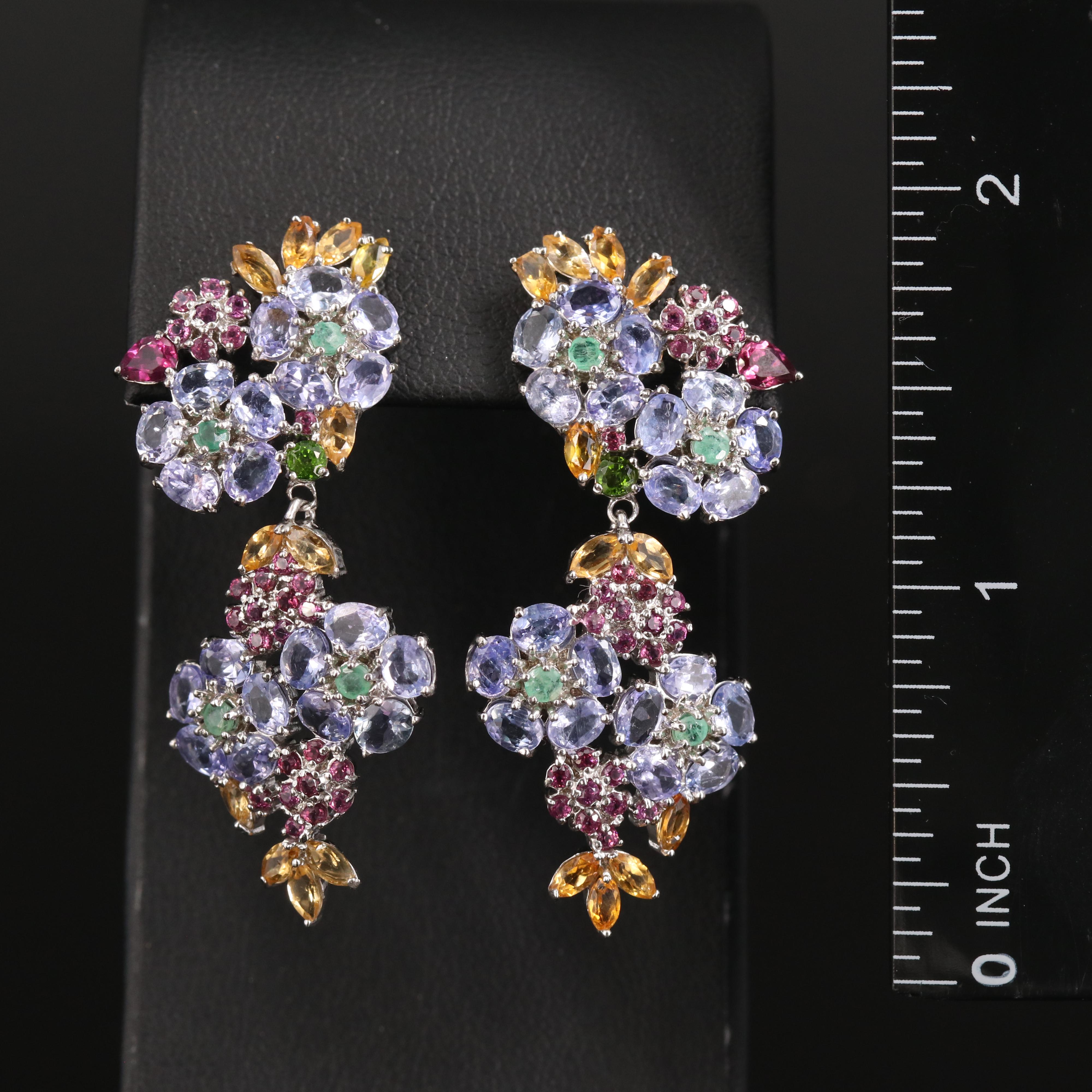 Sterling Tanzanite, Citrine and Gemstone Floral Earrings