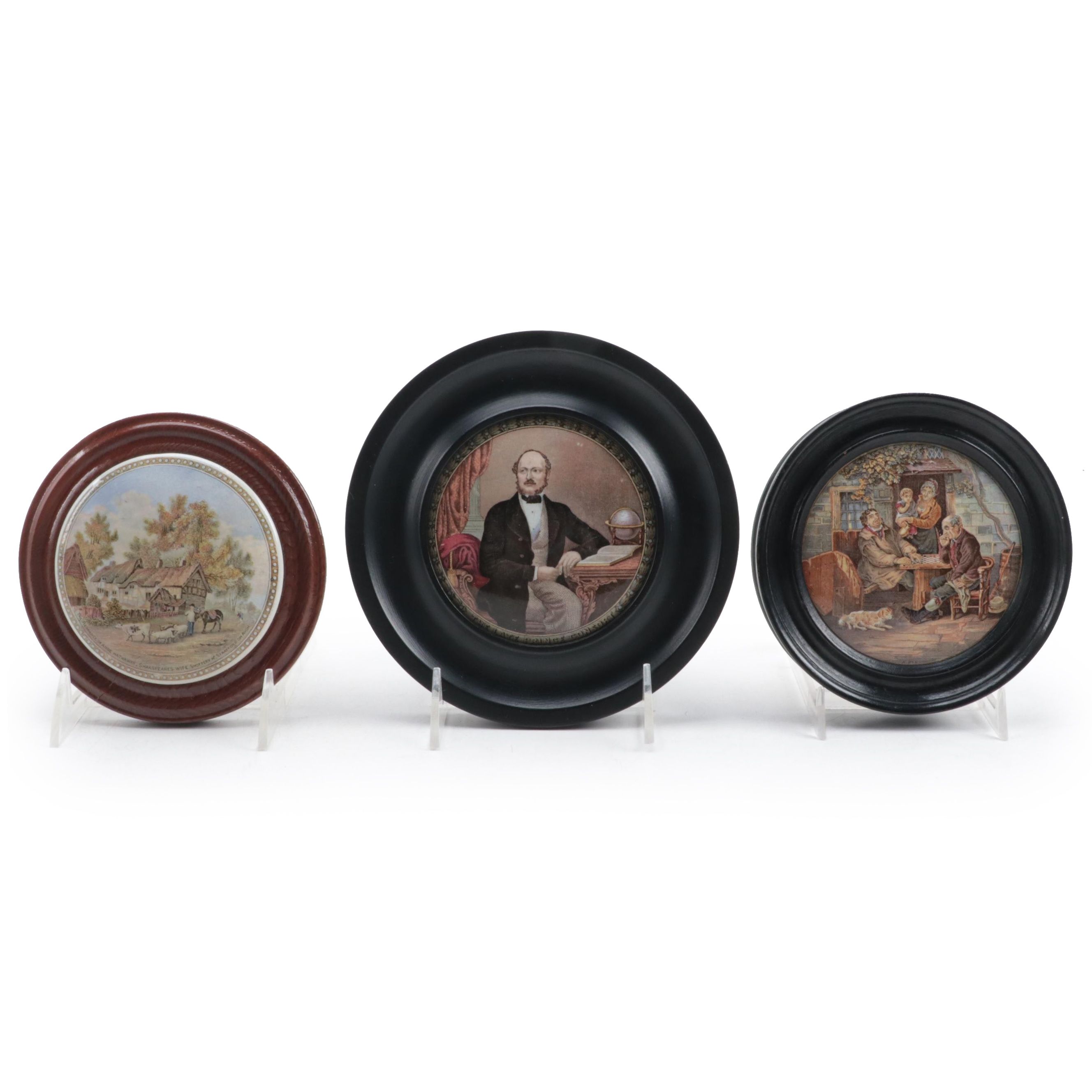 Prattware Pot Lids in Frames including a Portrait of Prince Albert, 19th Century