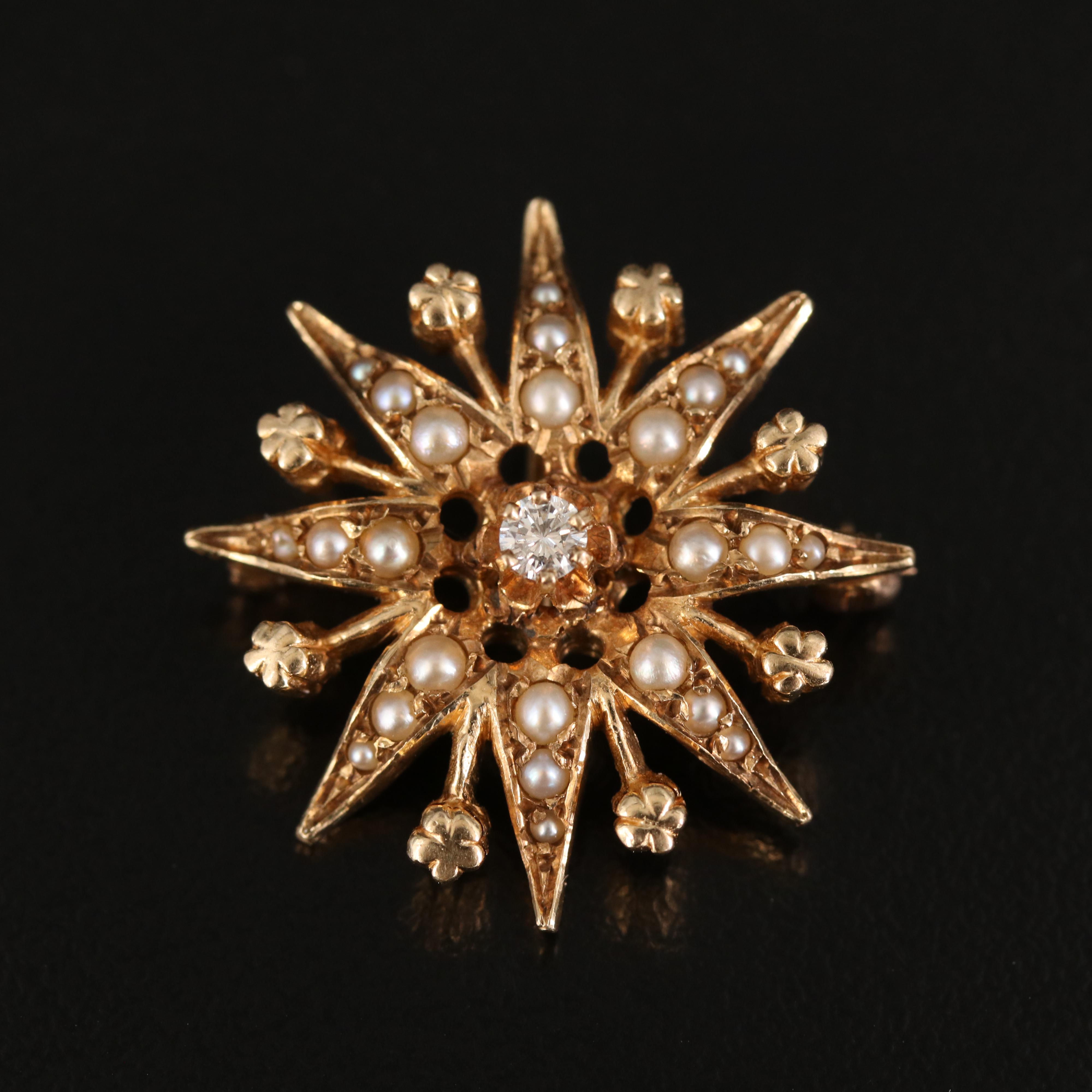 14K Diamond and Seed Pearl Sunburst Converter Brooch