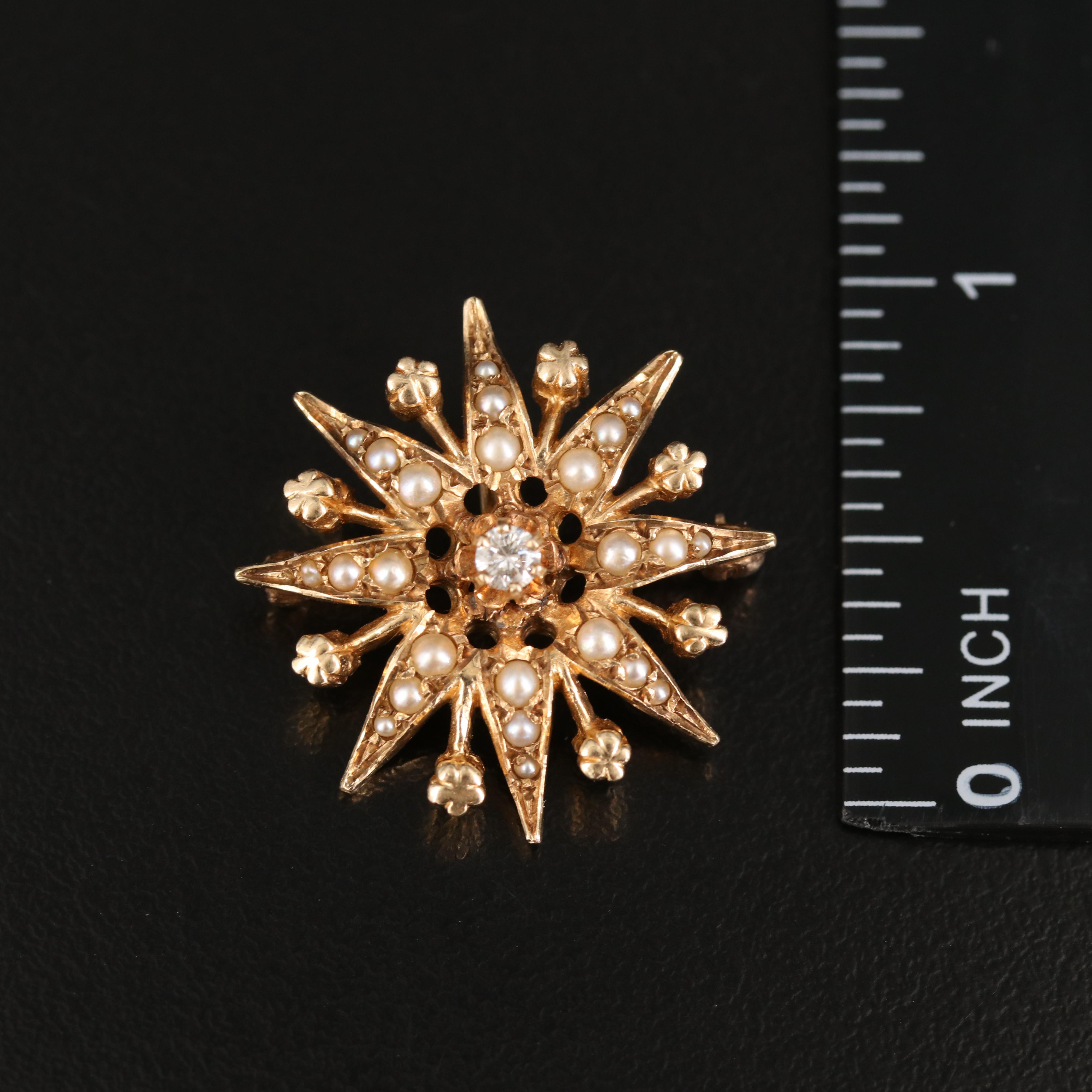 14K Diamond and Seed Pearl Sunburst Converter Brooch