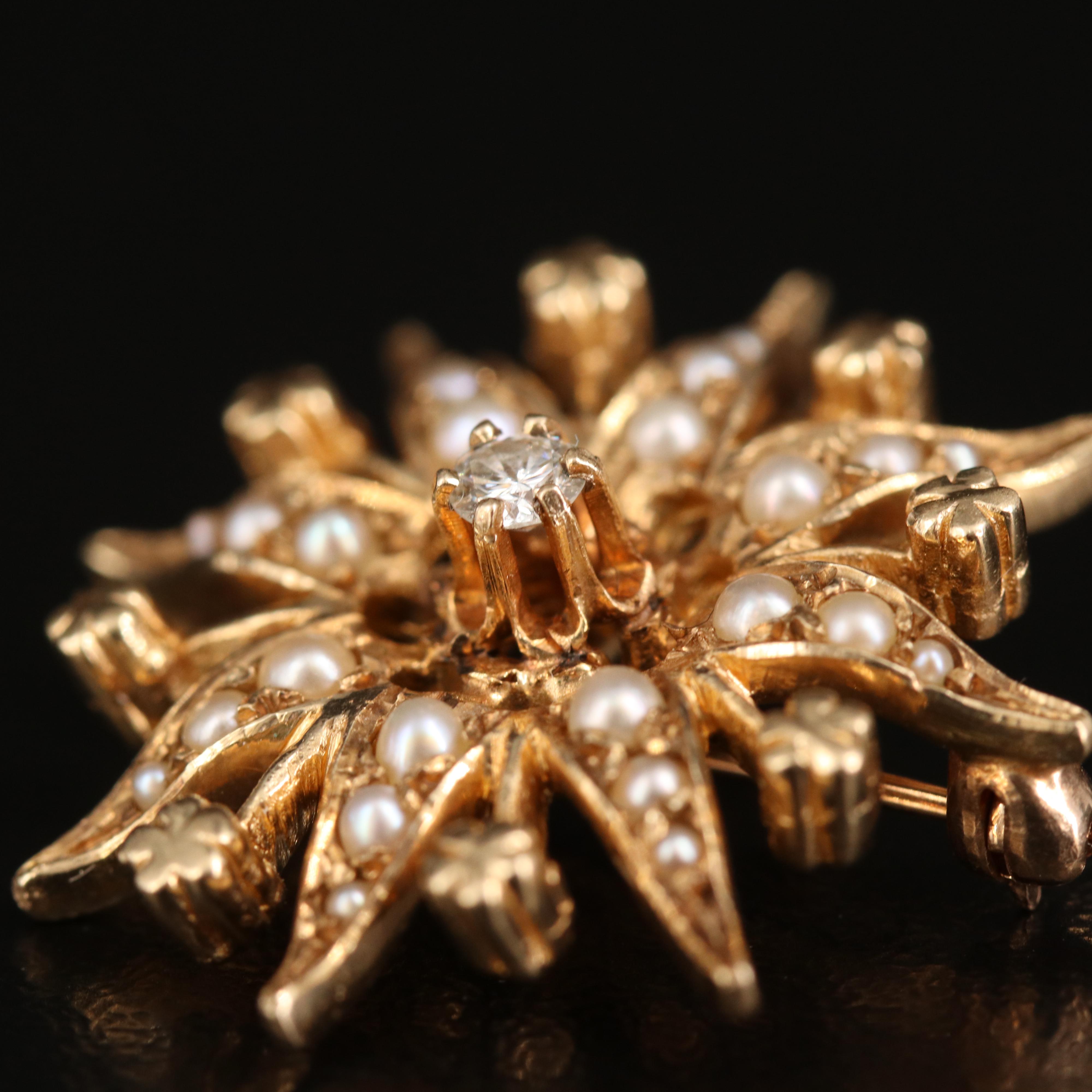 14K Diamond and Seed Pearl Sunburst Converter Brooch