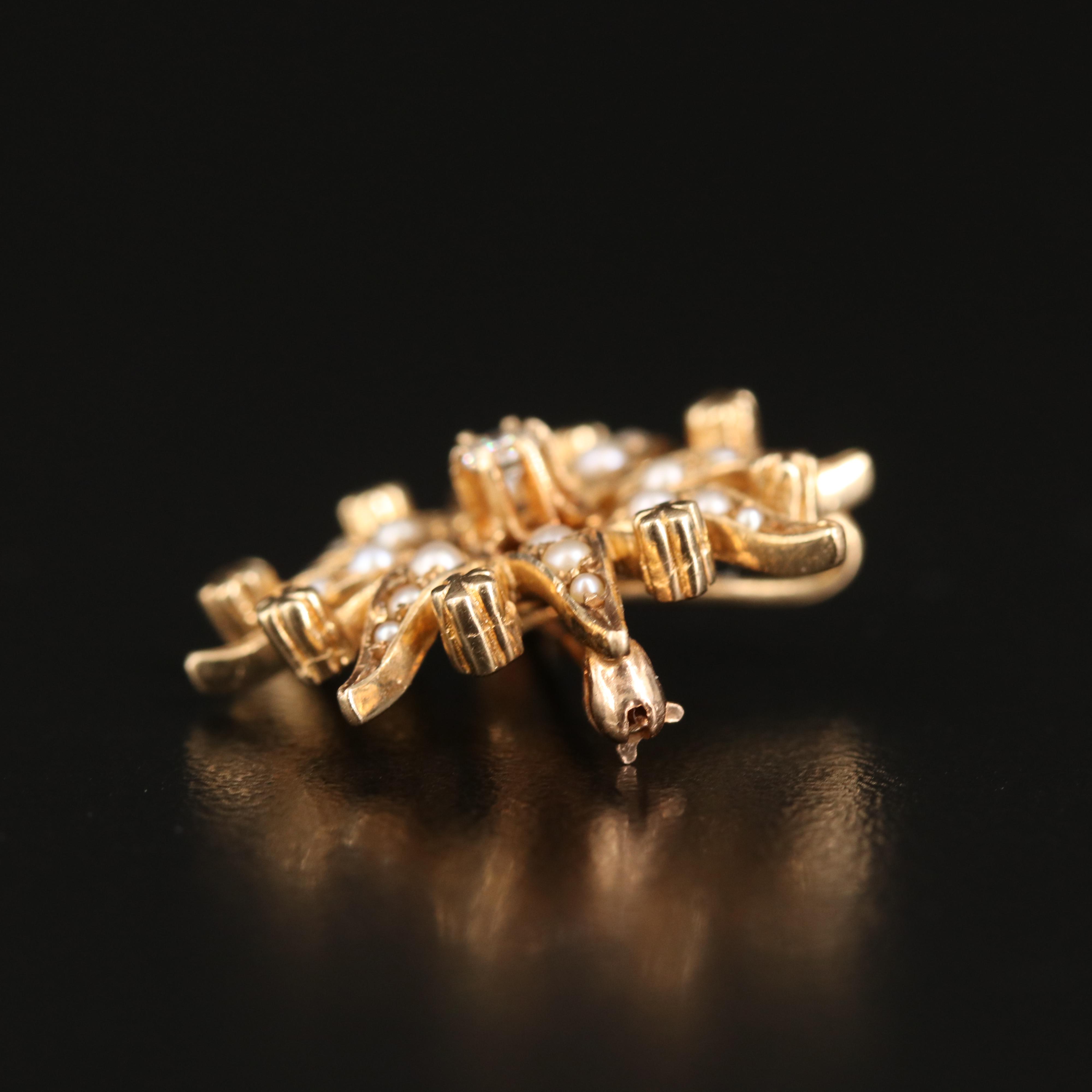 14K Diamond and Seed Pearl Sunburst Converter Brooch