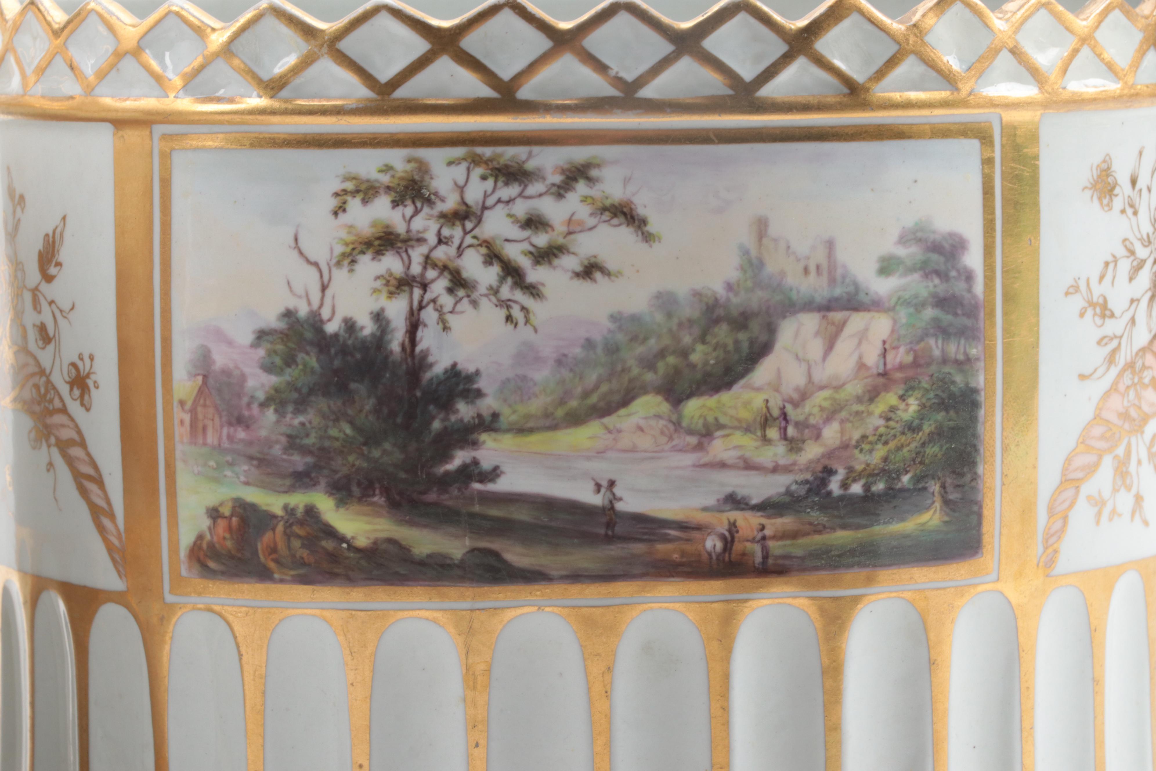 English Porcelain Scenic Demilune Bough Pots, Early to Mid 19th Century