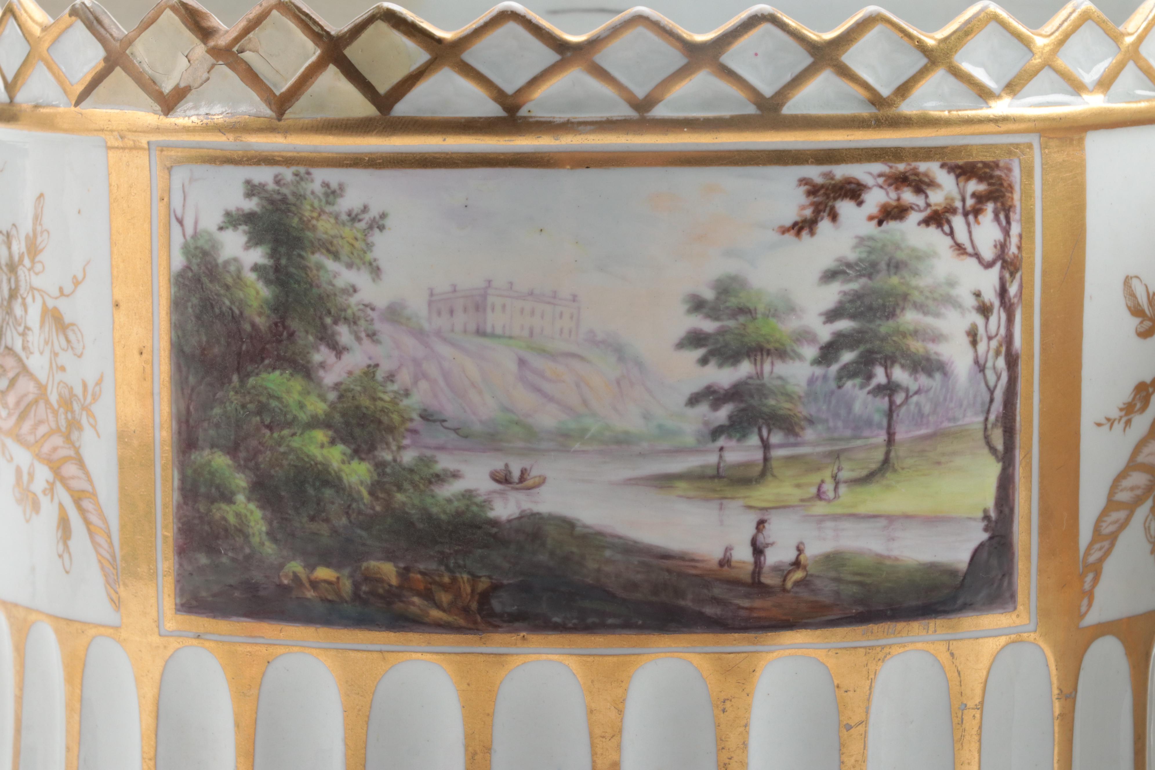 English Porcelain Scenic Demilune Bough Pots, Early to Mid 19th Century