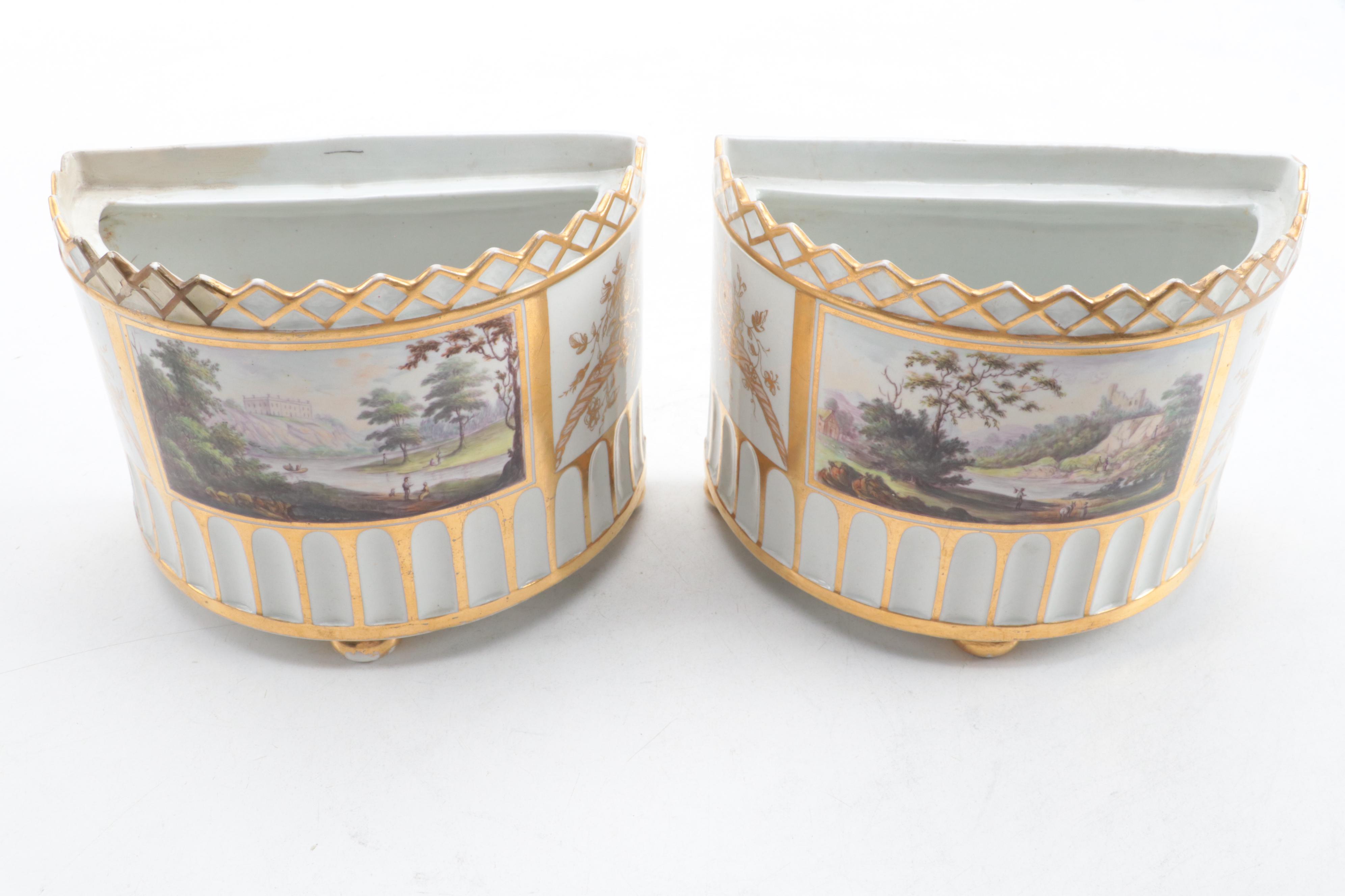 English Porcelain Scenic Demilune Bough Pots, Early to Mid 19th Century