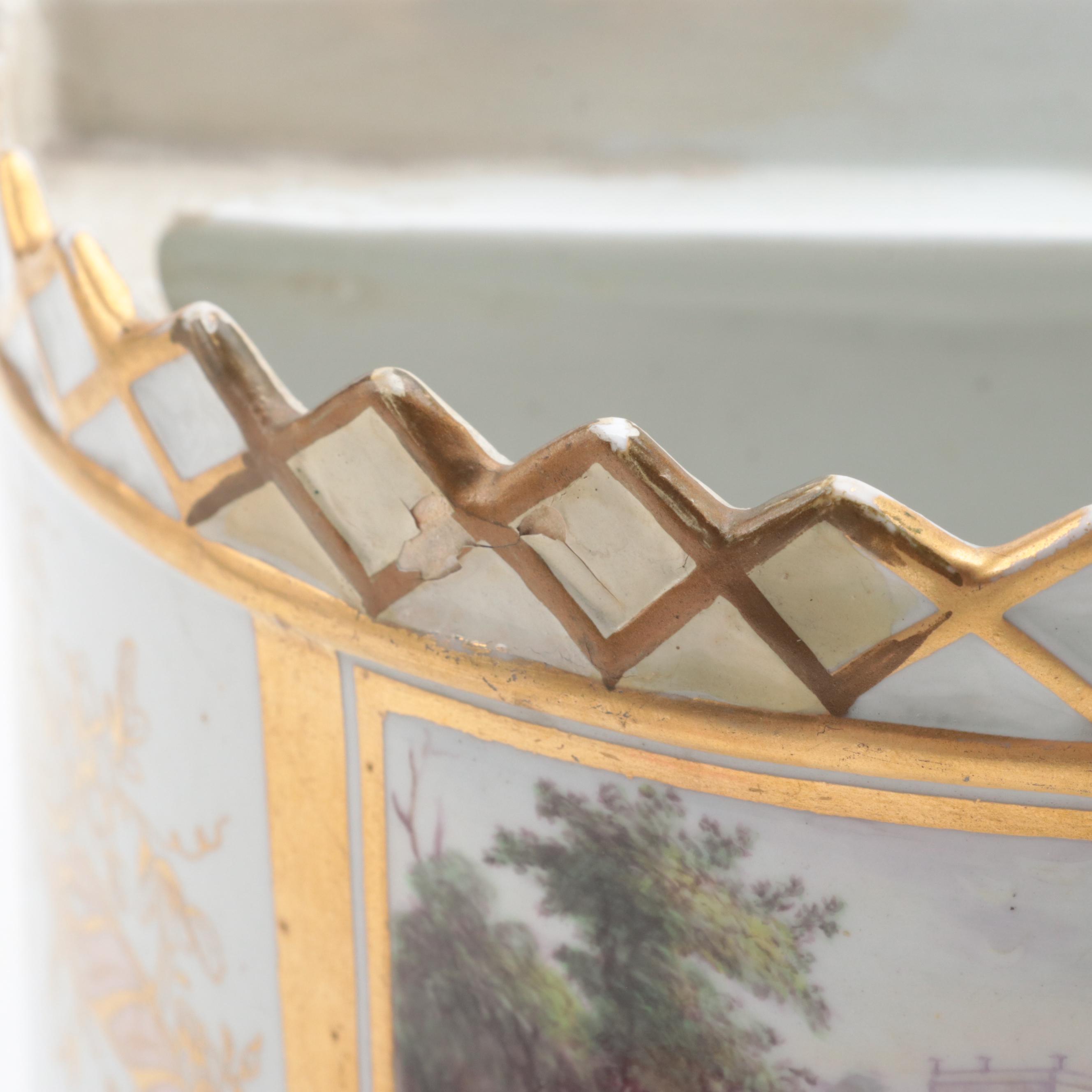 English Porcelain Scenic Demilune Bough Pots, Early to Mid 19th Century