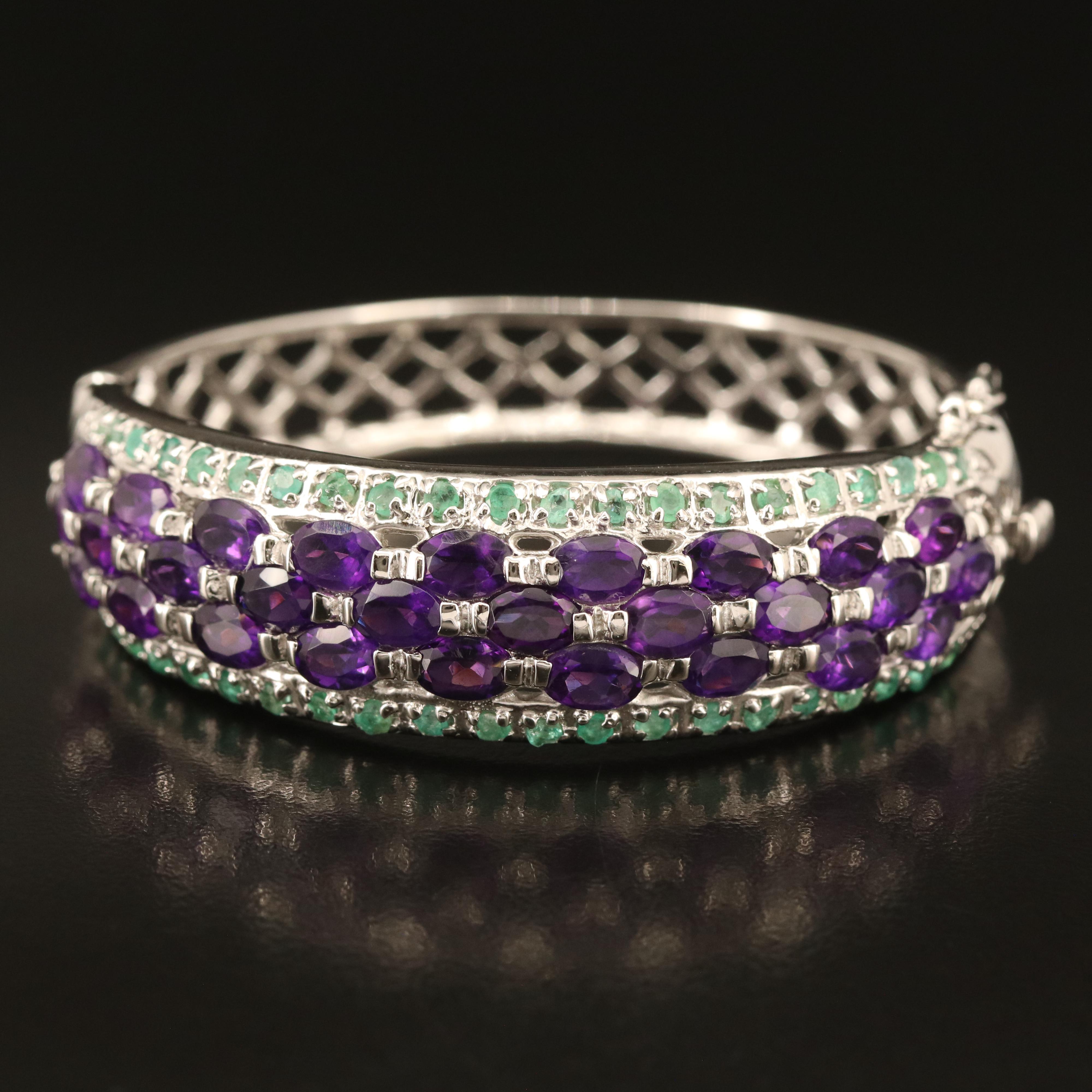 Sterling Amethyst and Emerald Hinged Bangle