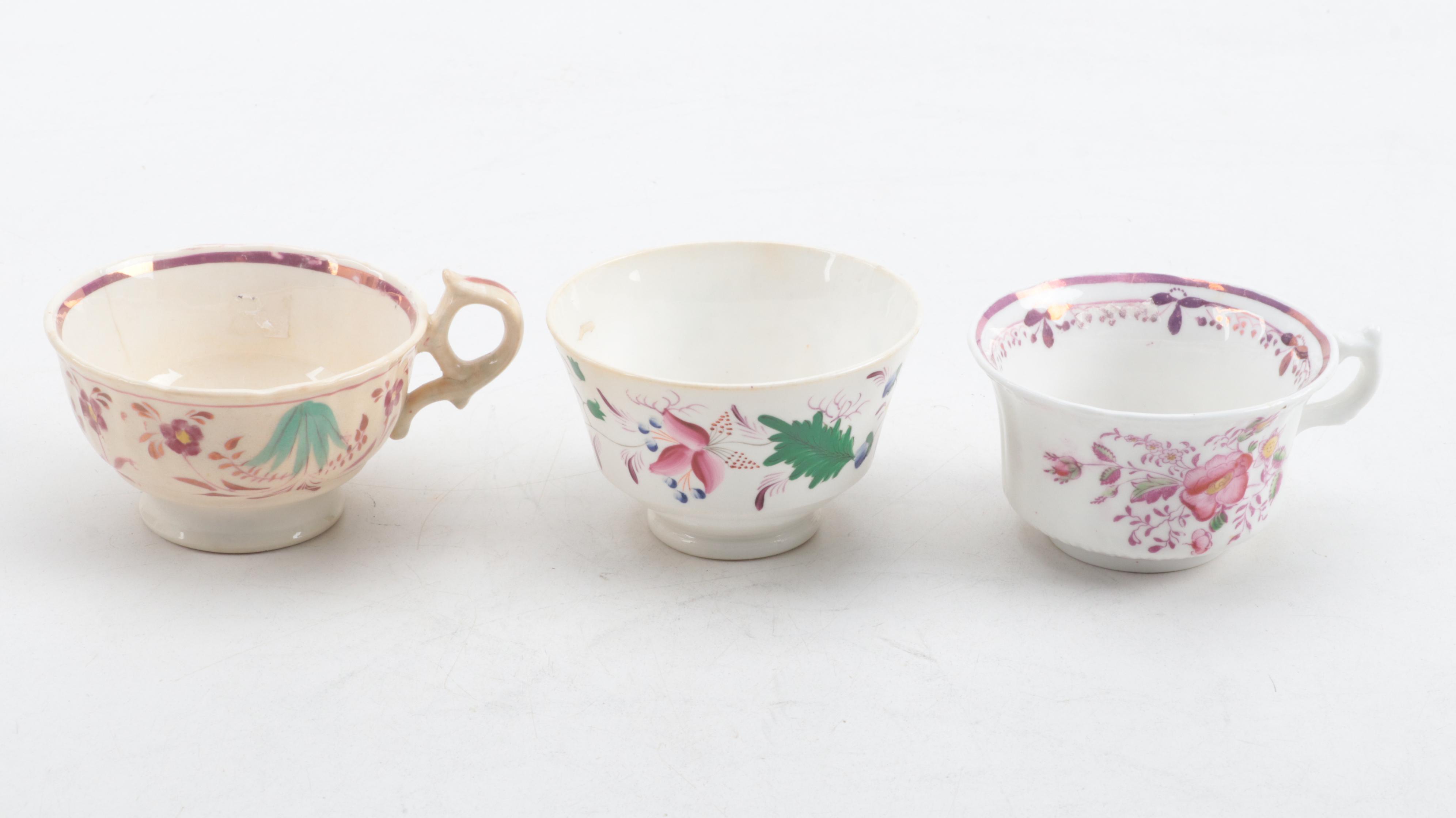 English Pearlware Pink Luster and Other Teacups and Tea Bowls, 19th Century