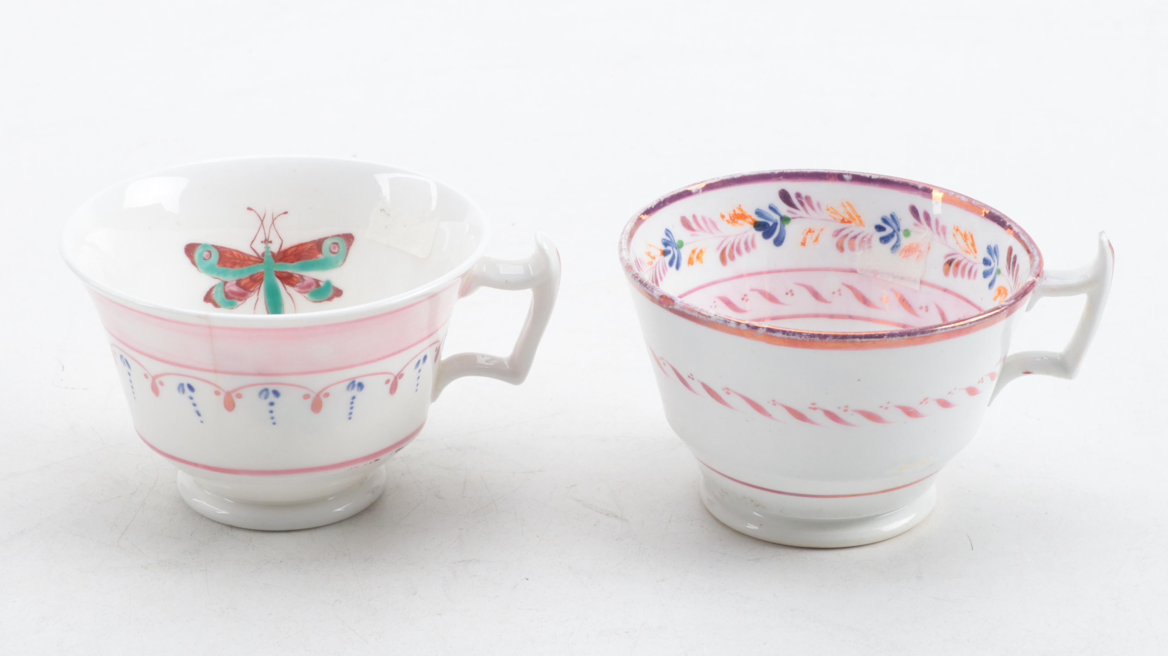 English Pearlware Pink Luster and Other Teacups and Tea Bowls, 19th Century
