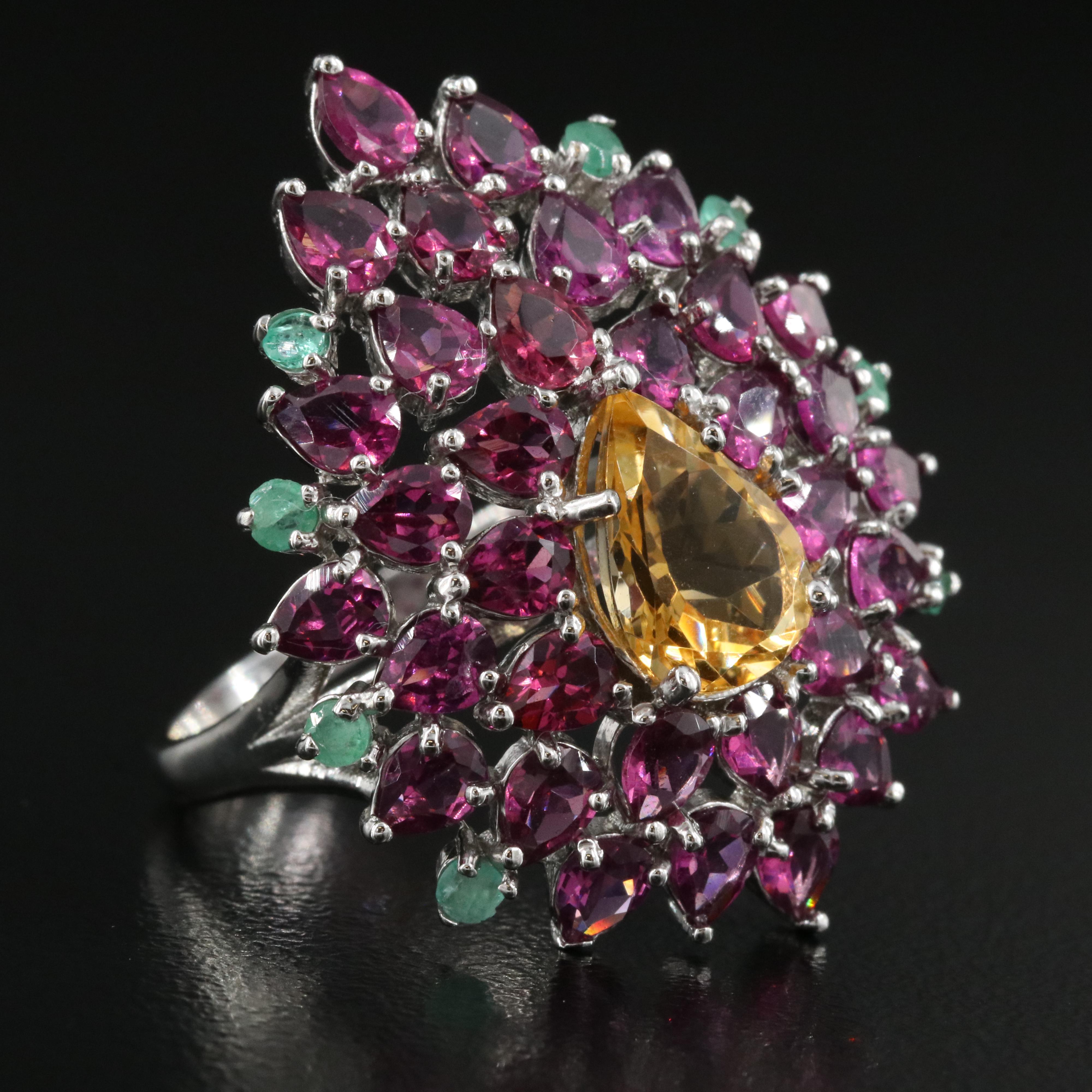 Sterling Citrine, Rhodolite Garnet and Emerald Ring