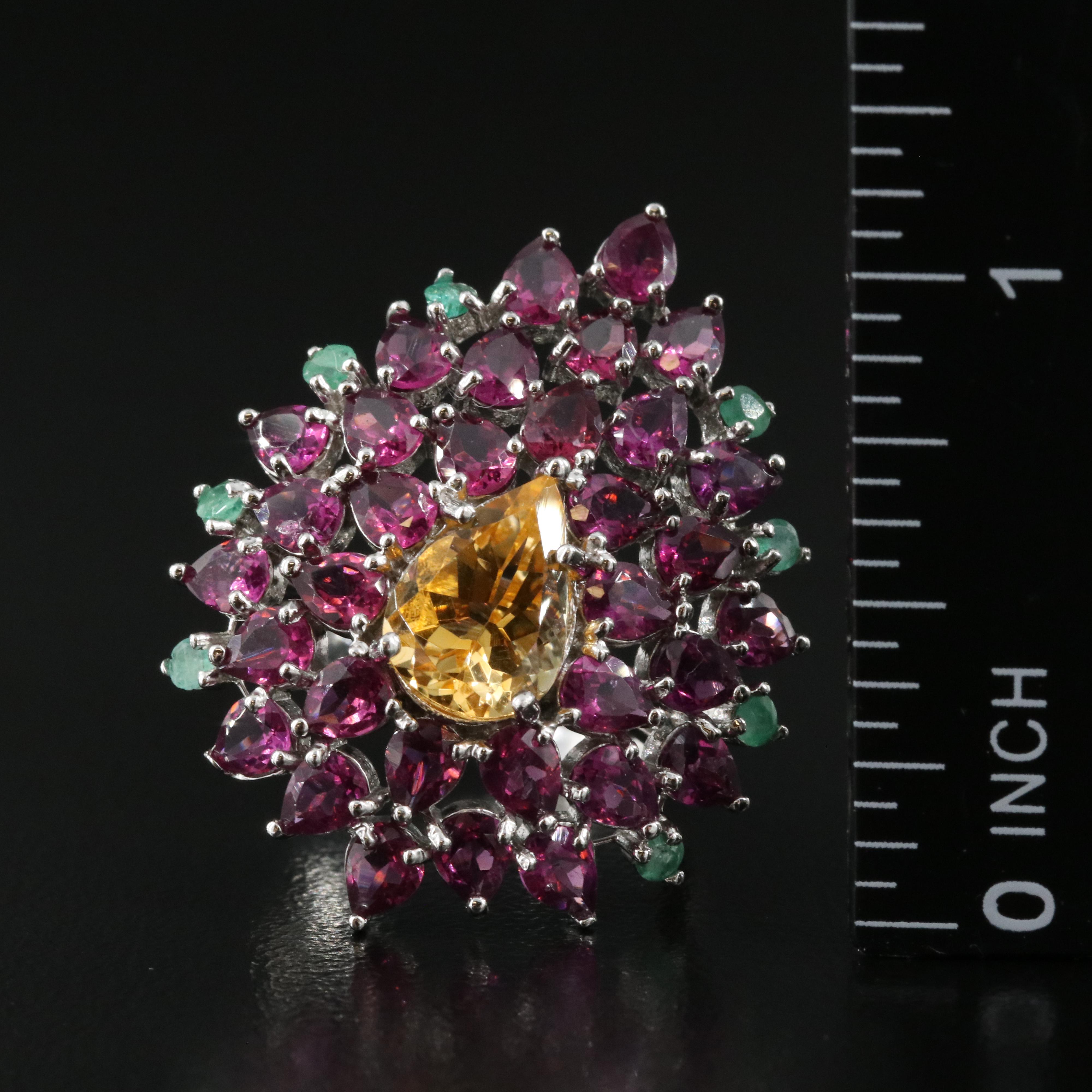 Sterling Citrine, Rhodolite Garnet and Emerald Ring