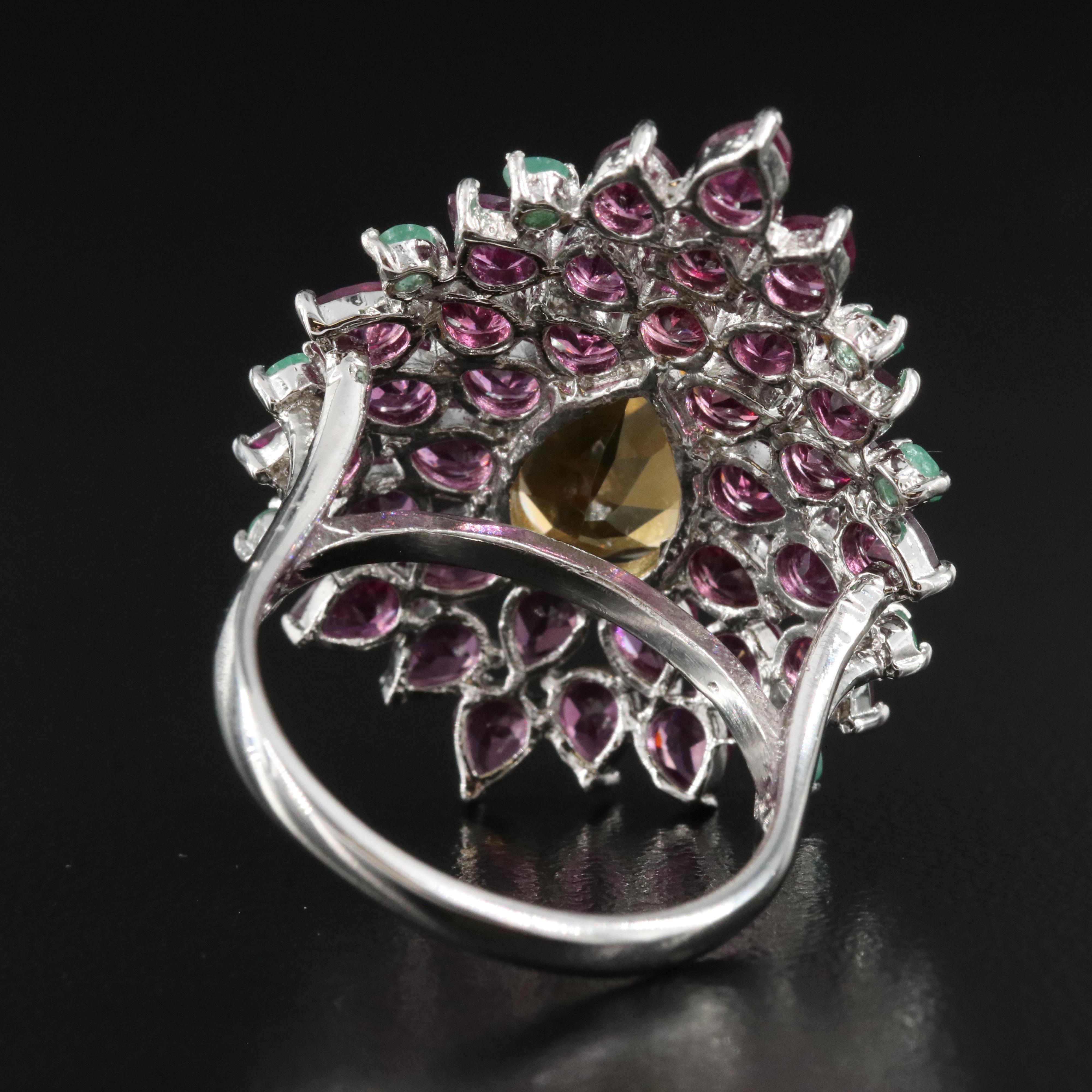 Sterling Citrine, Rhodolite Garnet and Emerald Ring